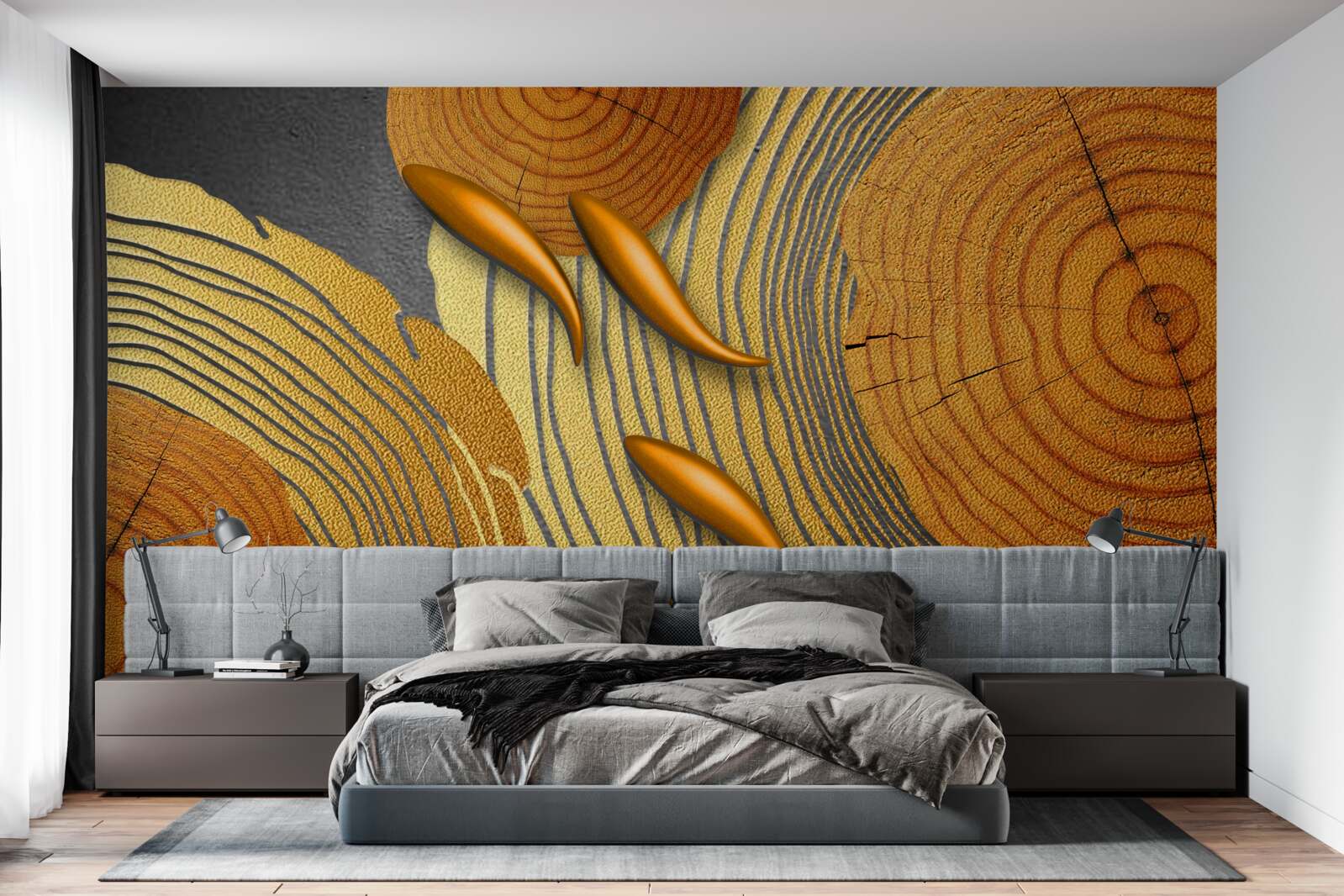 Fototapet sculpturile de pe copaci sunt decorate cu peștișori aurii