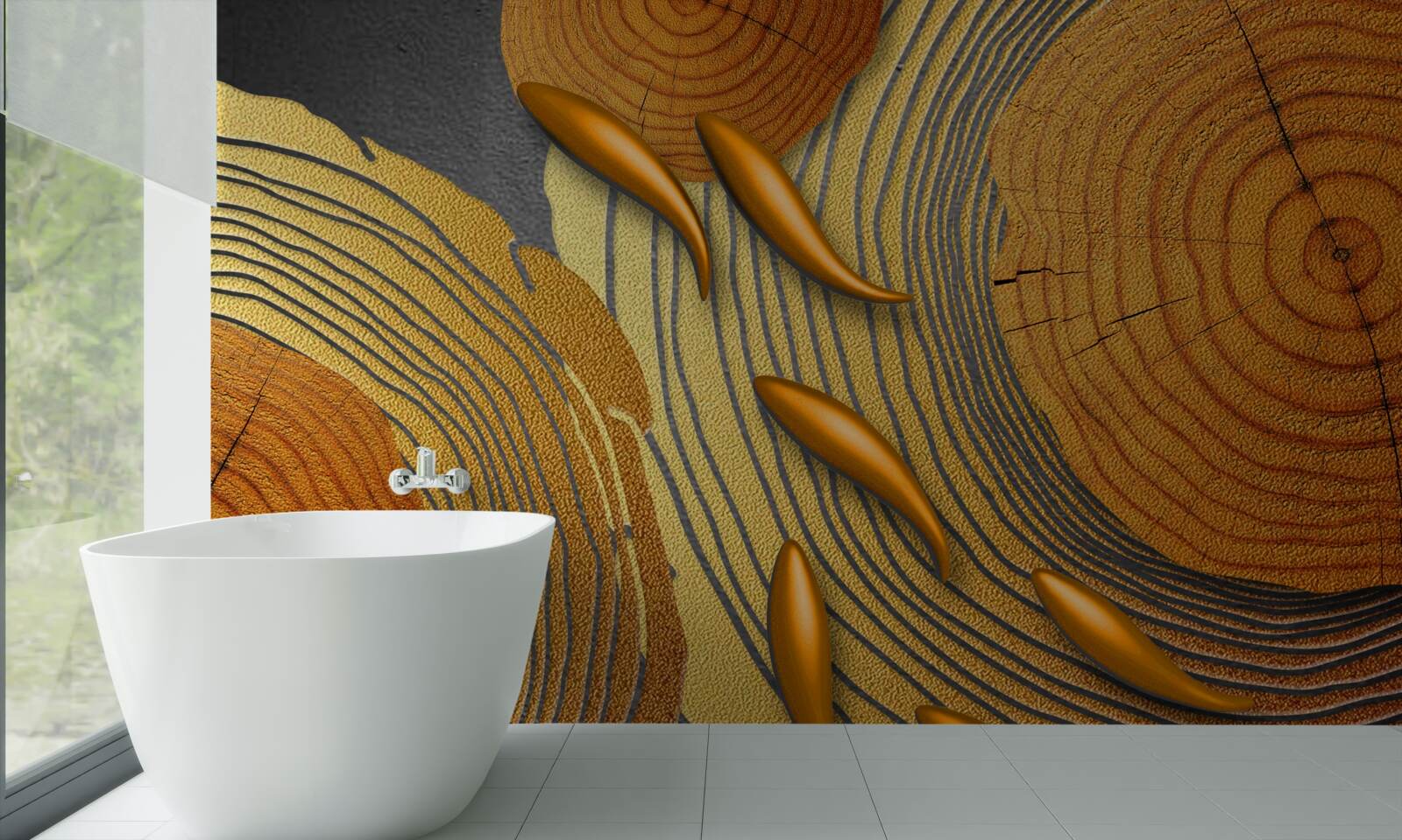 Fototapet sculpturile de pe copaci sunt decorate cu peștișori aurii