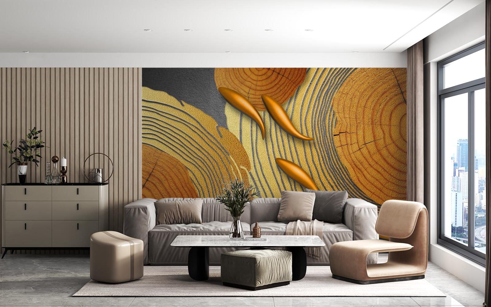 Fototapet sculpturile de pe copaci sunt decorate cu peștișori aurii