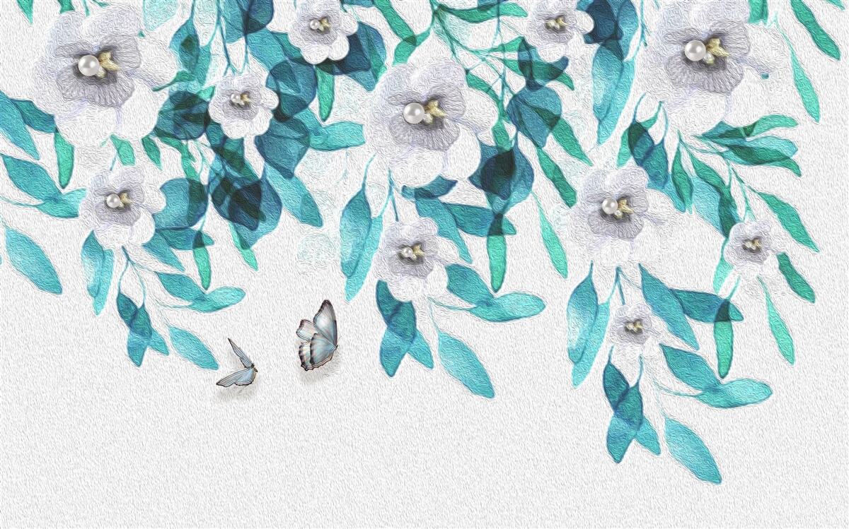 Fototapet flori albe delicate sunt înconjurate de fluturi