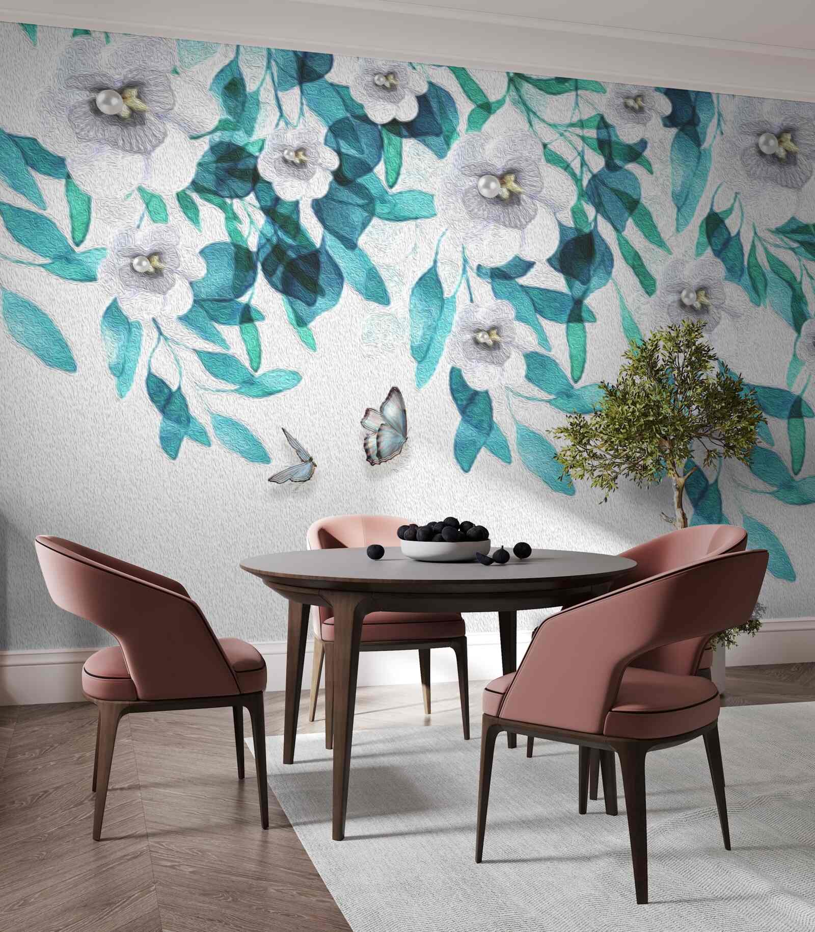 Fototapet flori albe delicate sunt înconjurate de fluturi