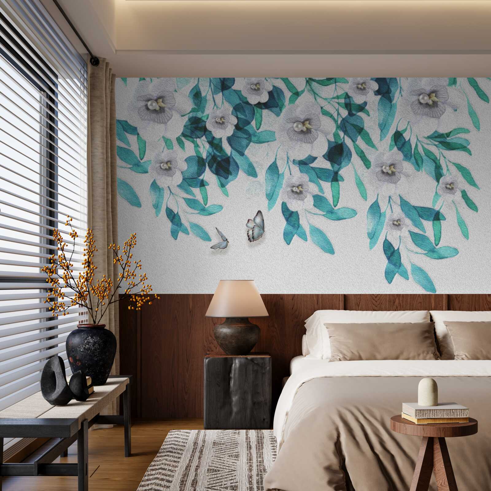 Fototapet flori albe delicate sunt înconjurate de fluturi