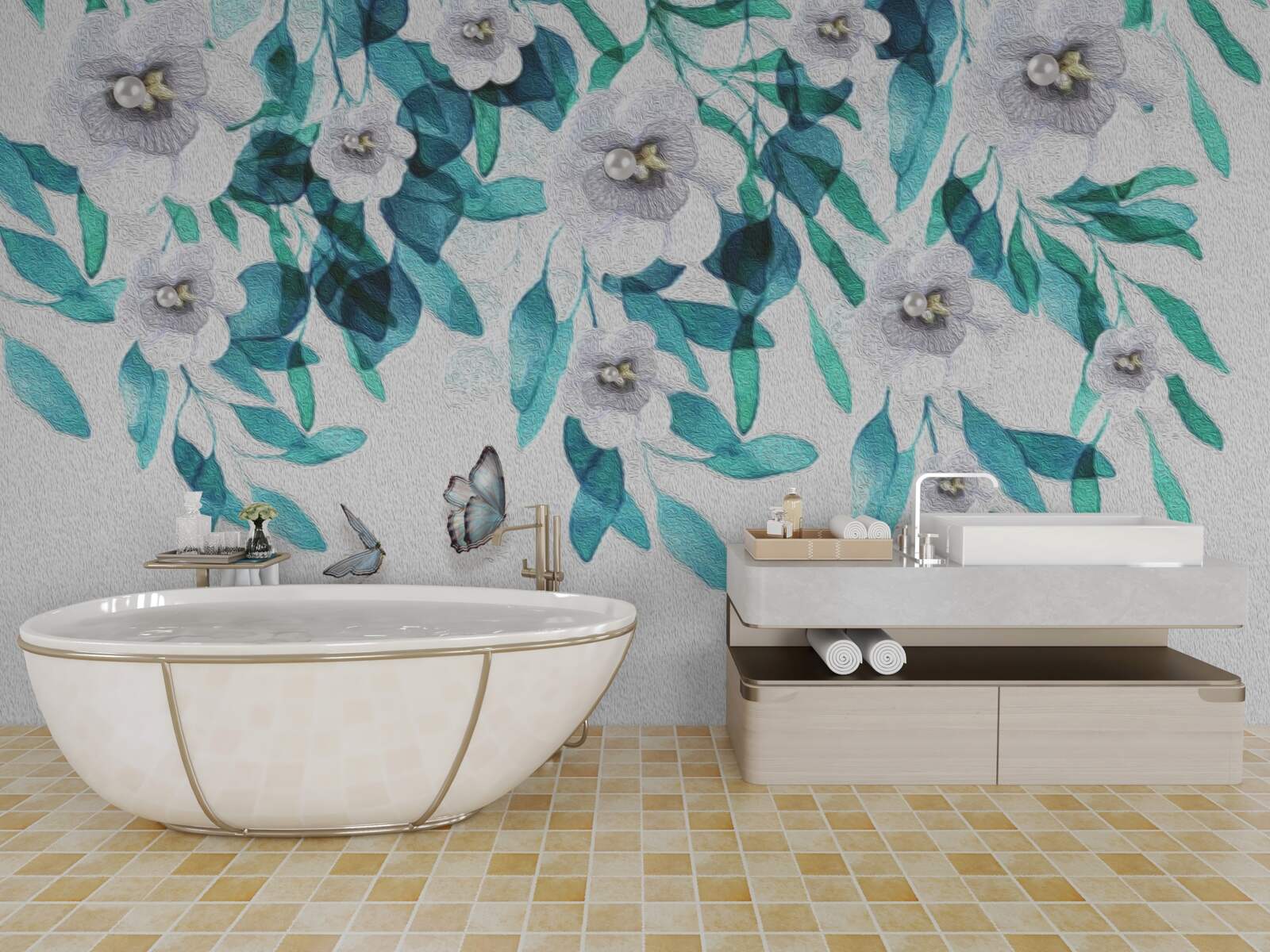 Fototapet flori albe delicate sunt înconjurate de fluturi