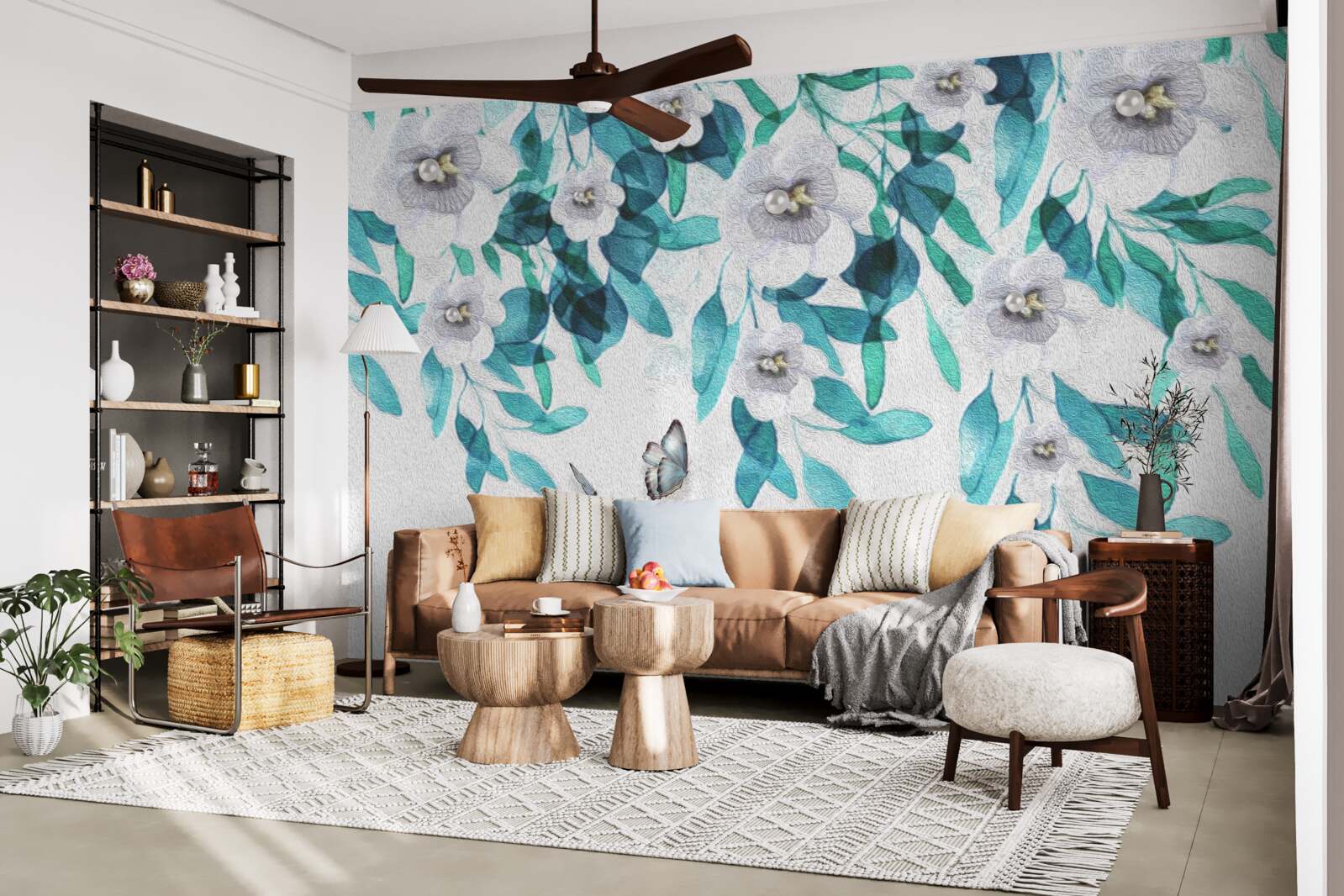 Fototapet flori albe delicate sunt înconjurate de fluturi