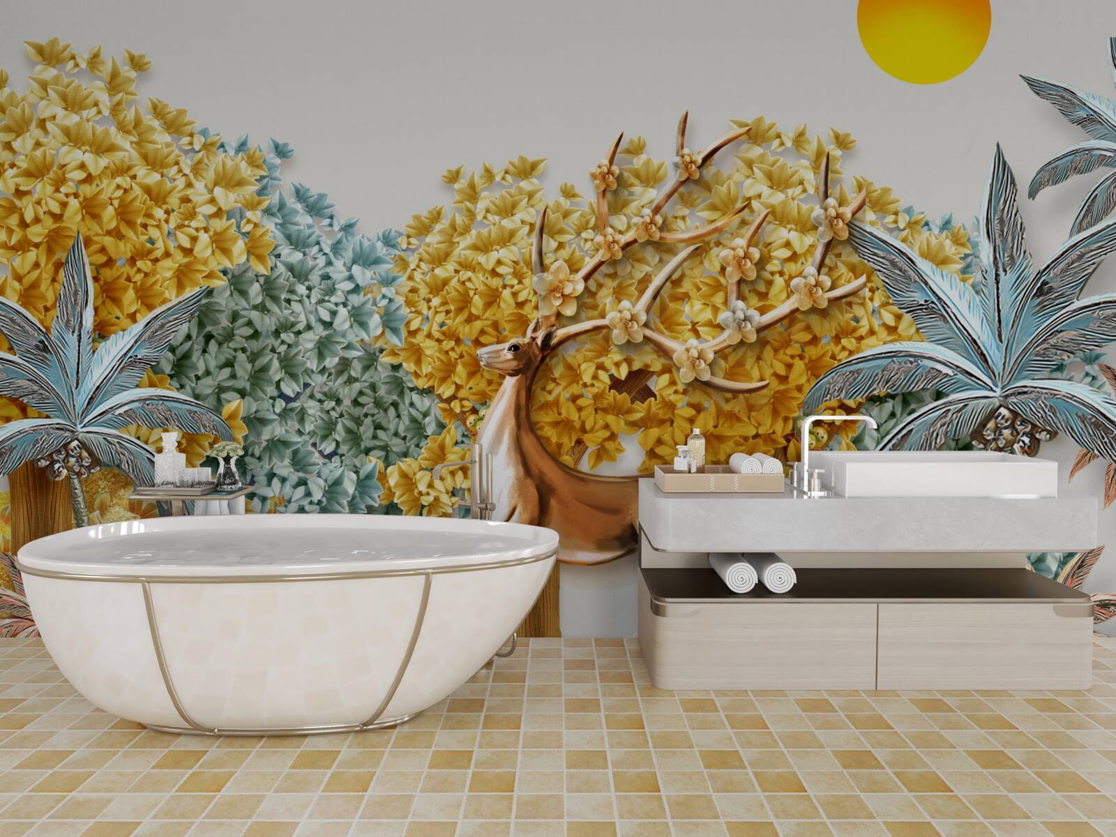 Fototapet căprioară sărind într-o pădure tropicală