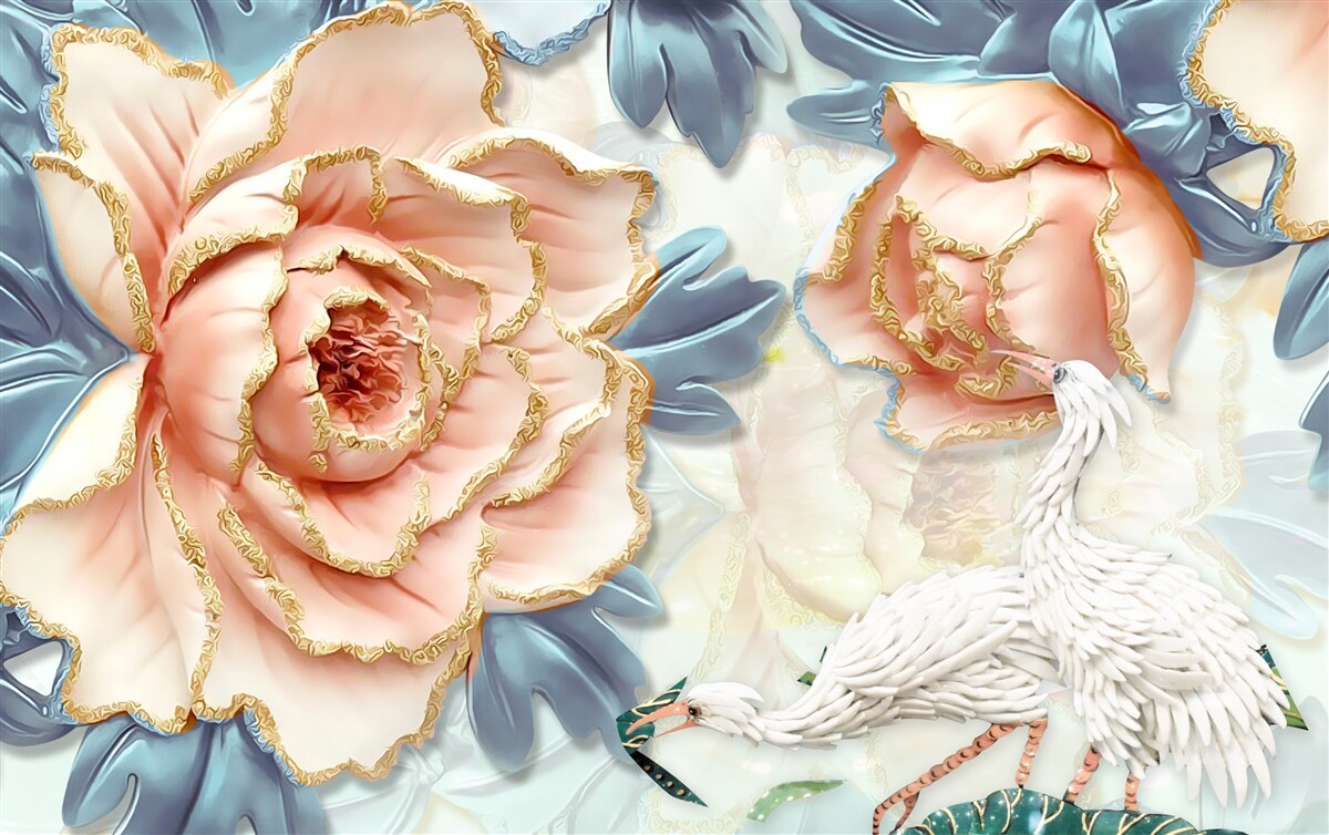 Fototapet trandafiri piersici și lebede albe