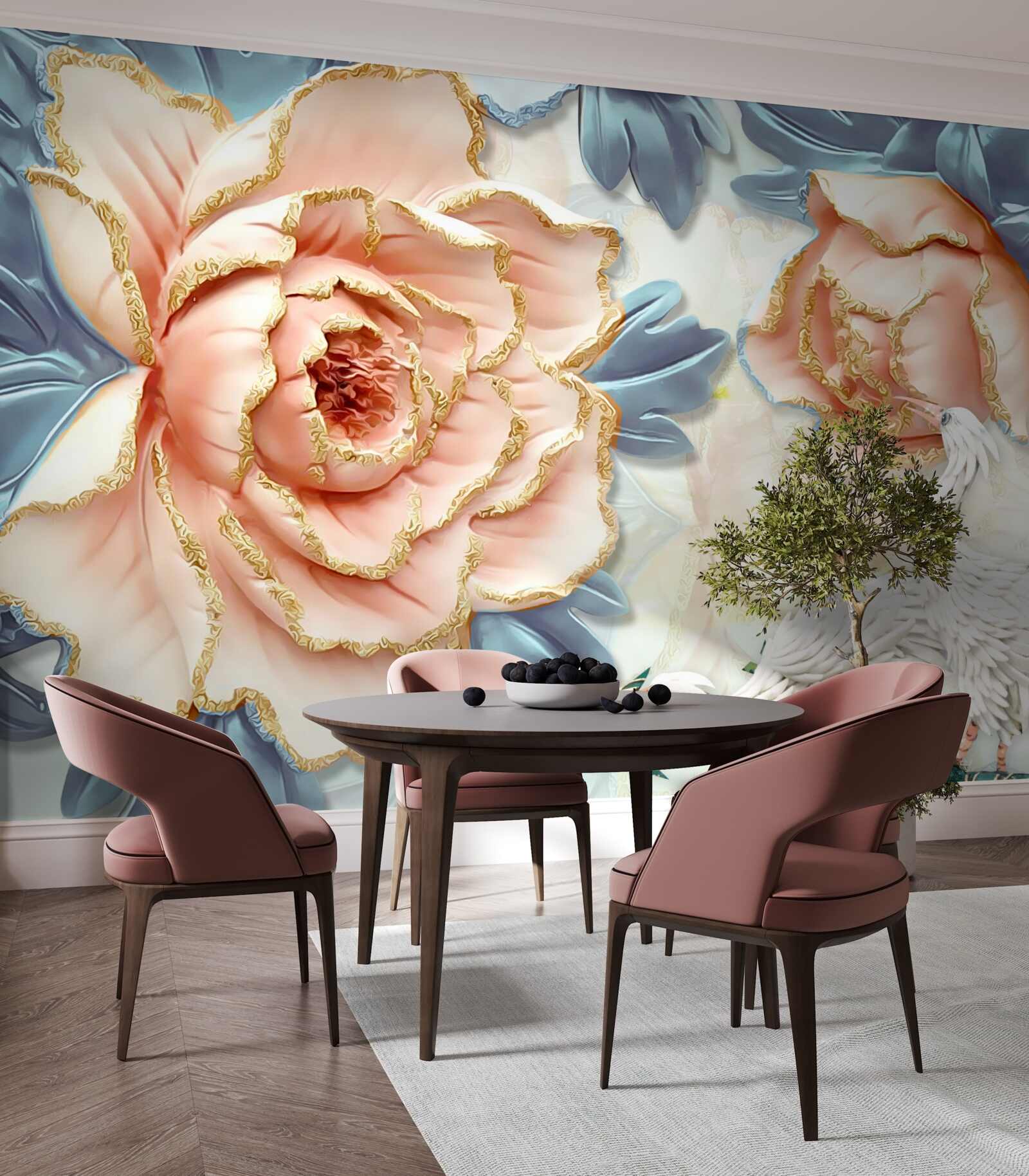 Fototapet trandafiri piersici și lebede albe