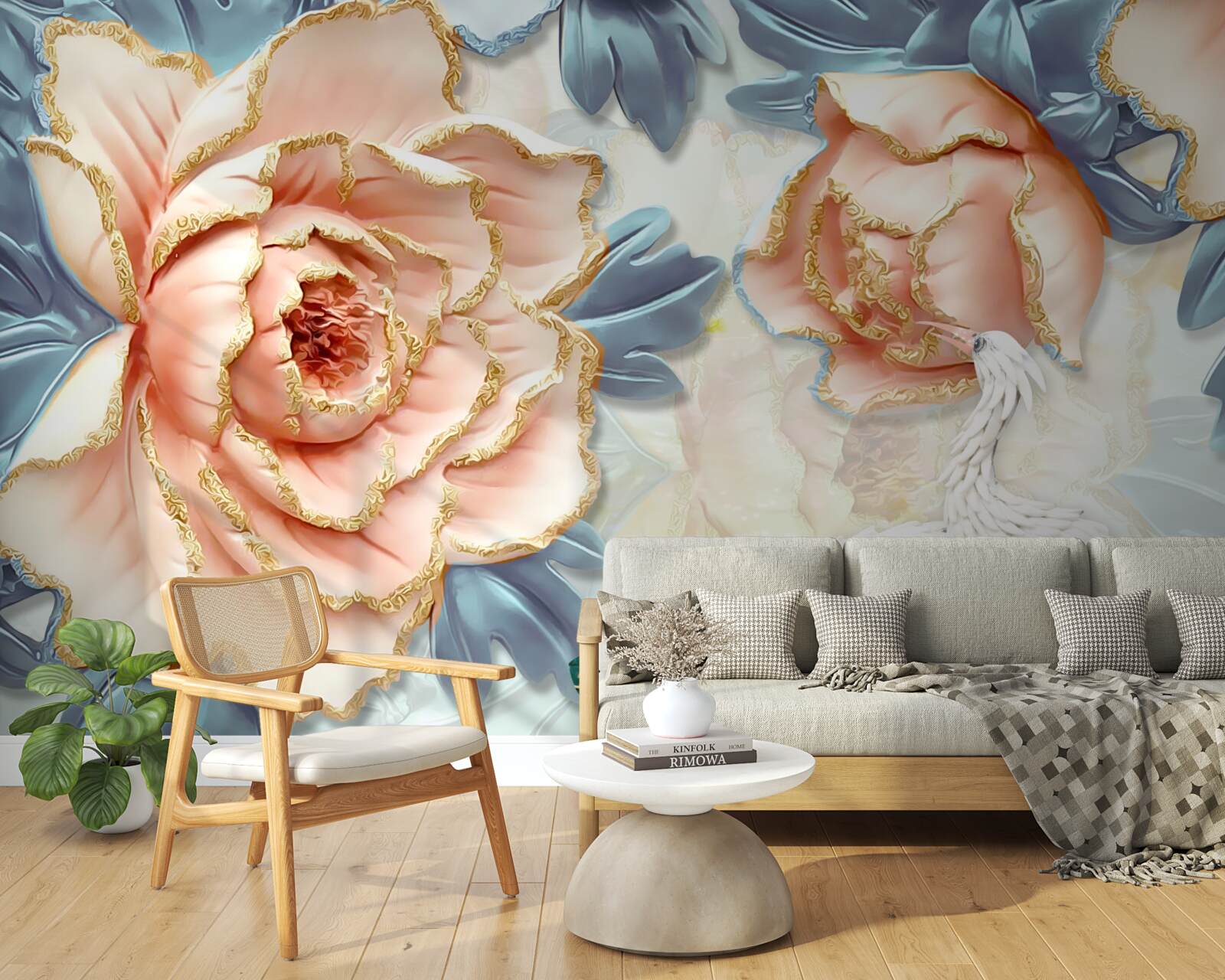 Fototapet trandafiri piersici și lebede albe