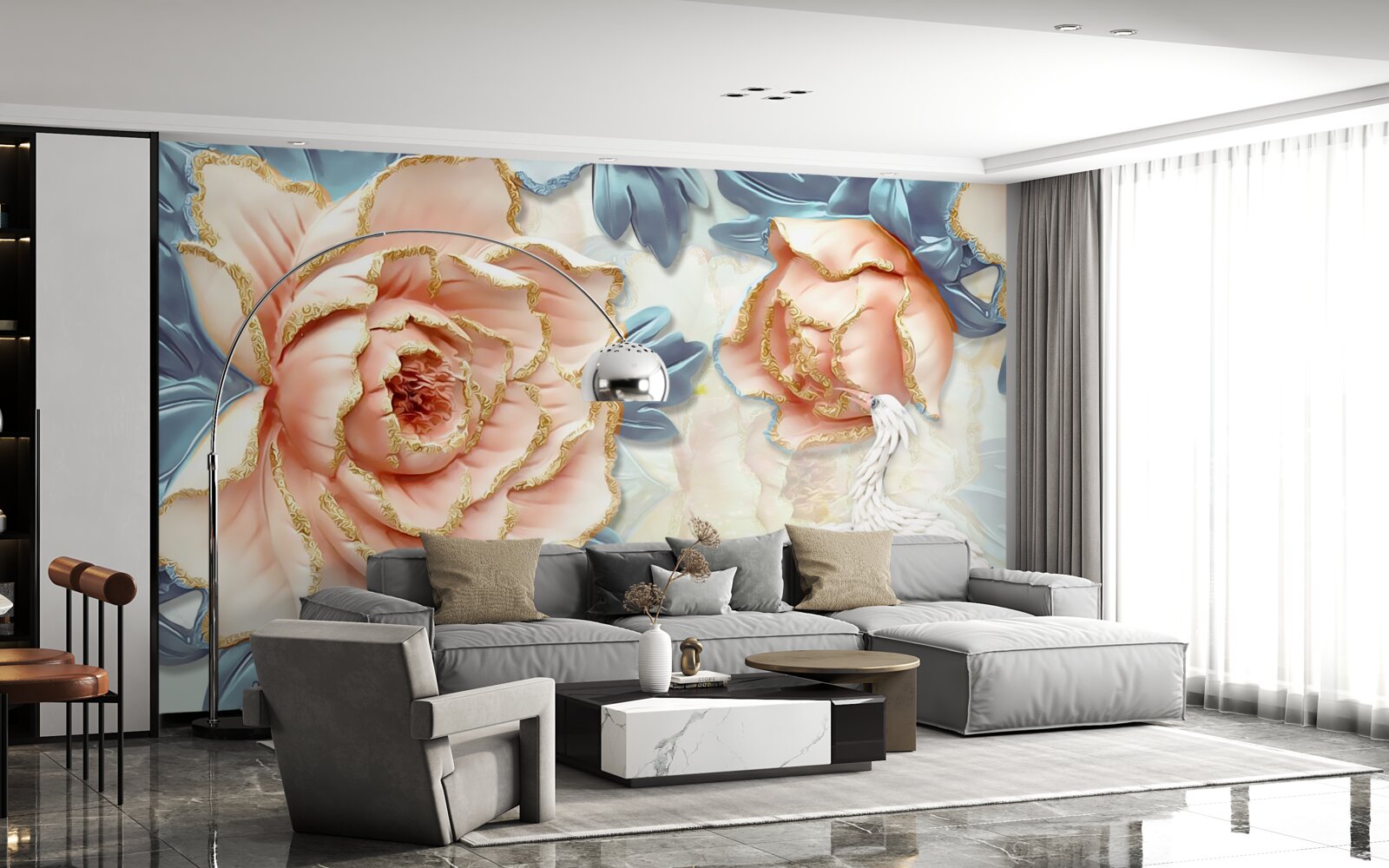 Fototapet trandafiri piersici și lebede albe