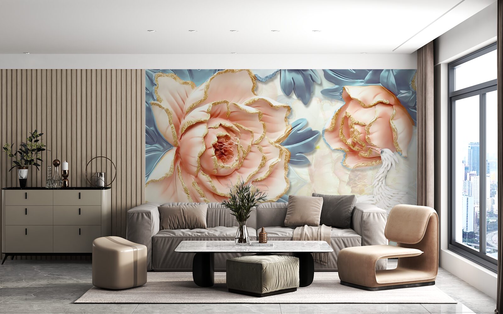 Fototapet trandafiri piersici și lebede albe