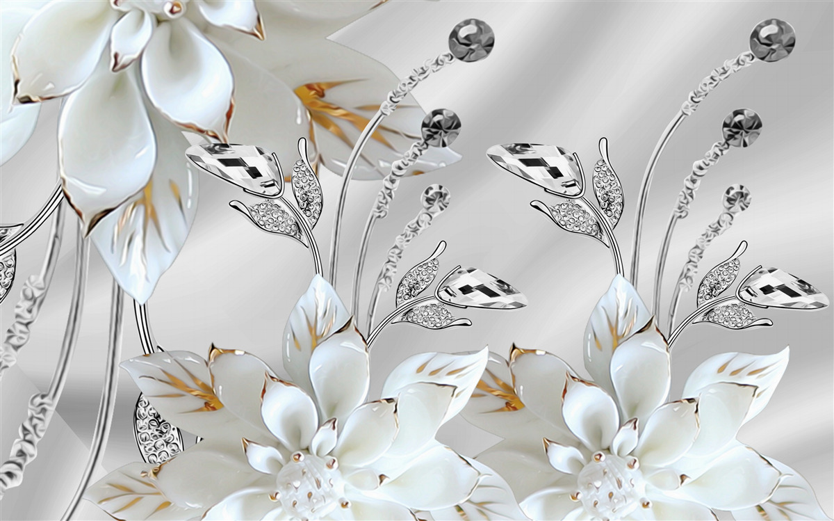 Fototapet flori albe și aurii decorate pe țesătură de mătase