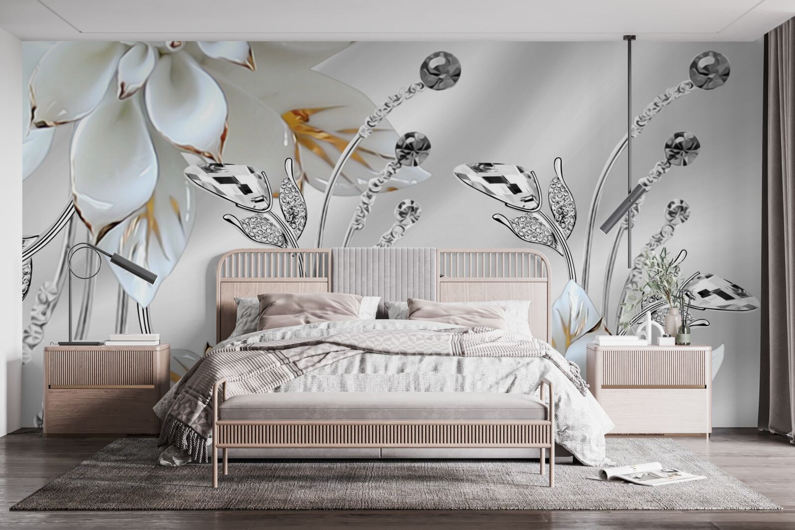 Fototapet flori albe și aurii decorate pe țesătură de mătase