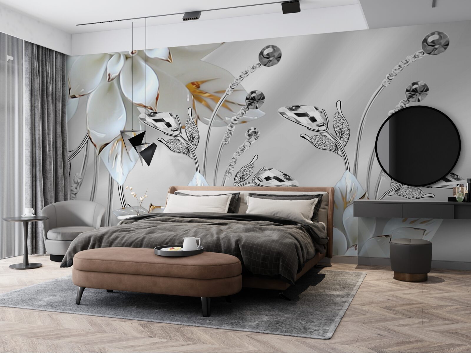 Fototapet flori albe și aurii decorate pe țesătură de mătase