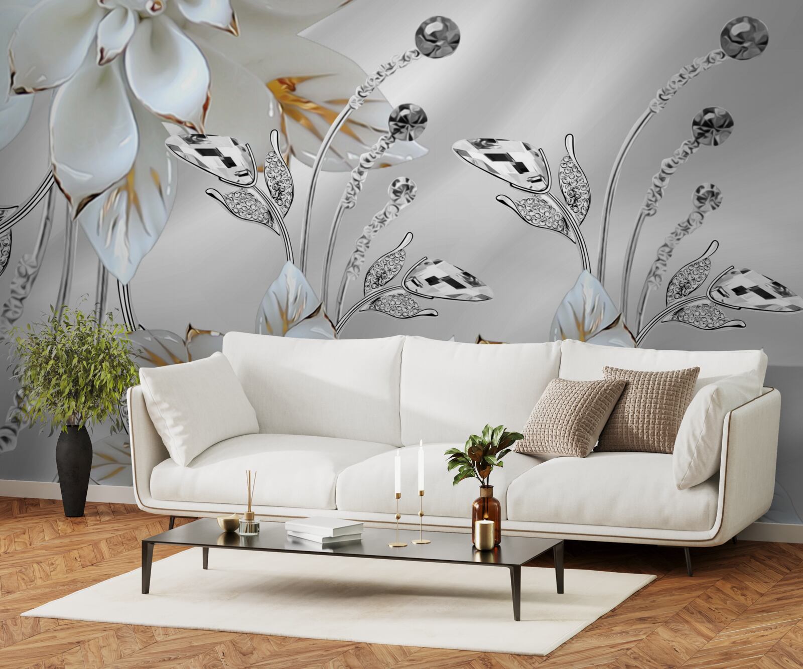 Fototapet flori albe și aurii decorate pe țesătură de mătase