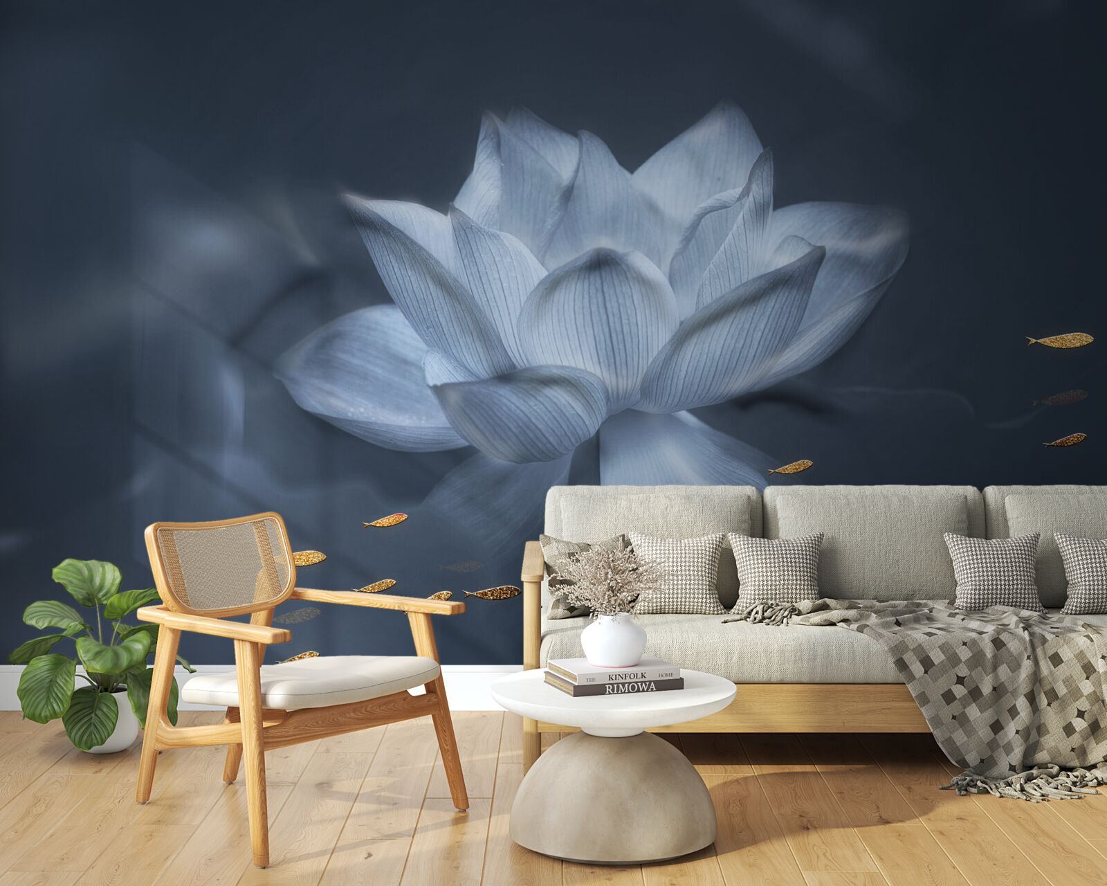 Fototapet peștișor auriu și lotus alb