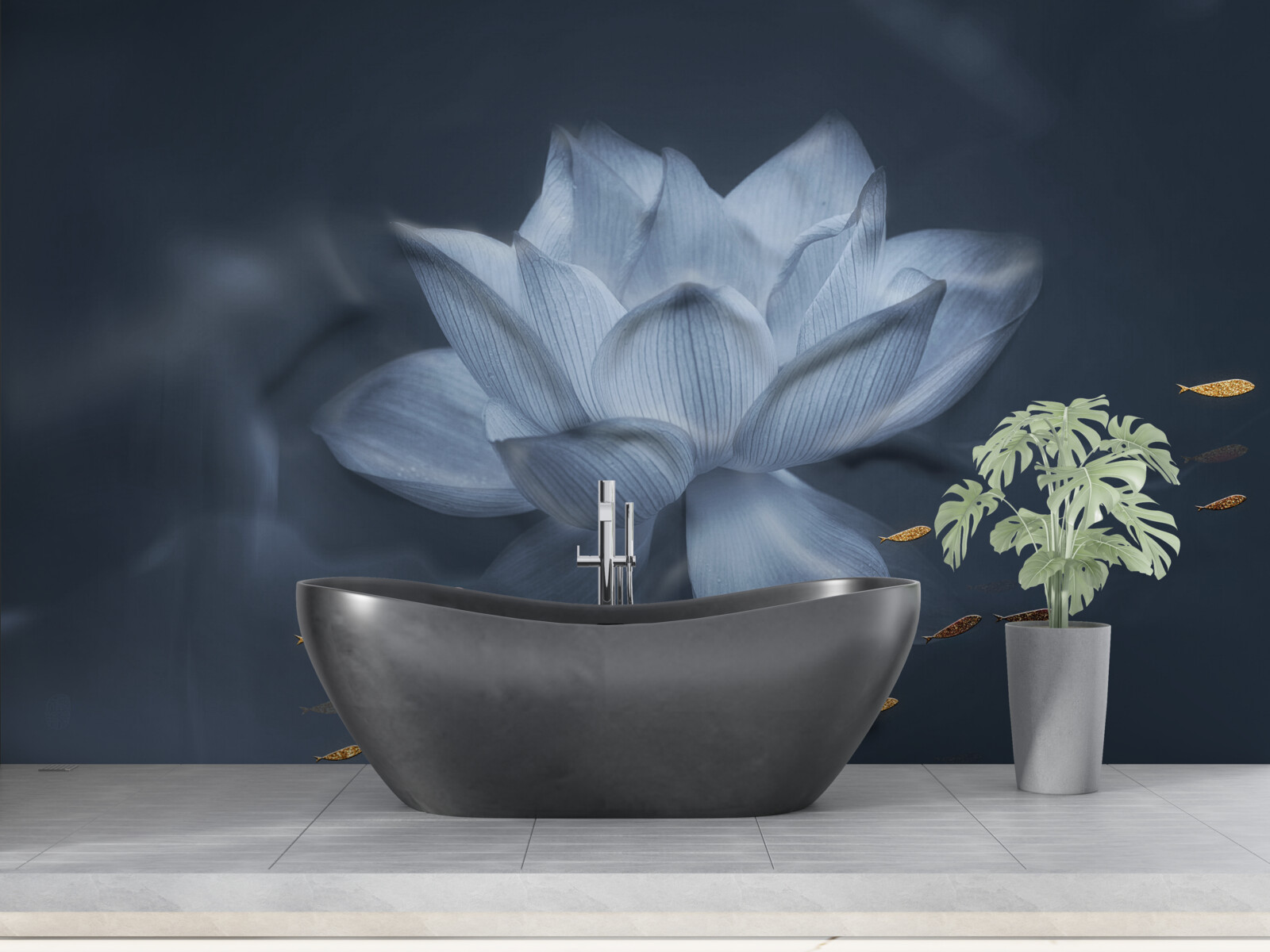 Fototapet peștișor auriu și lotus alb