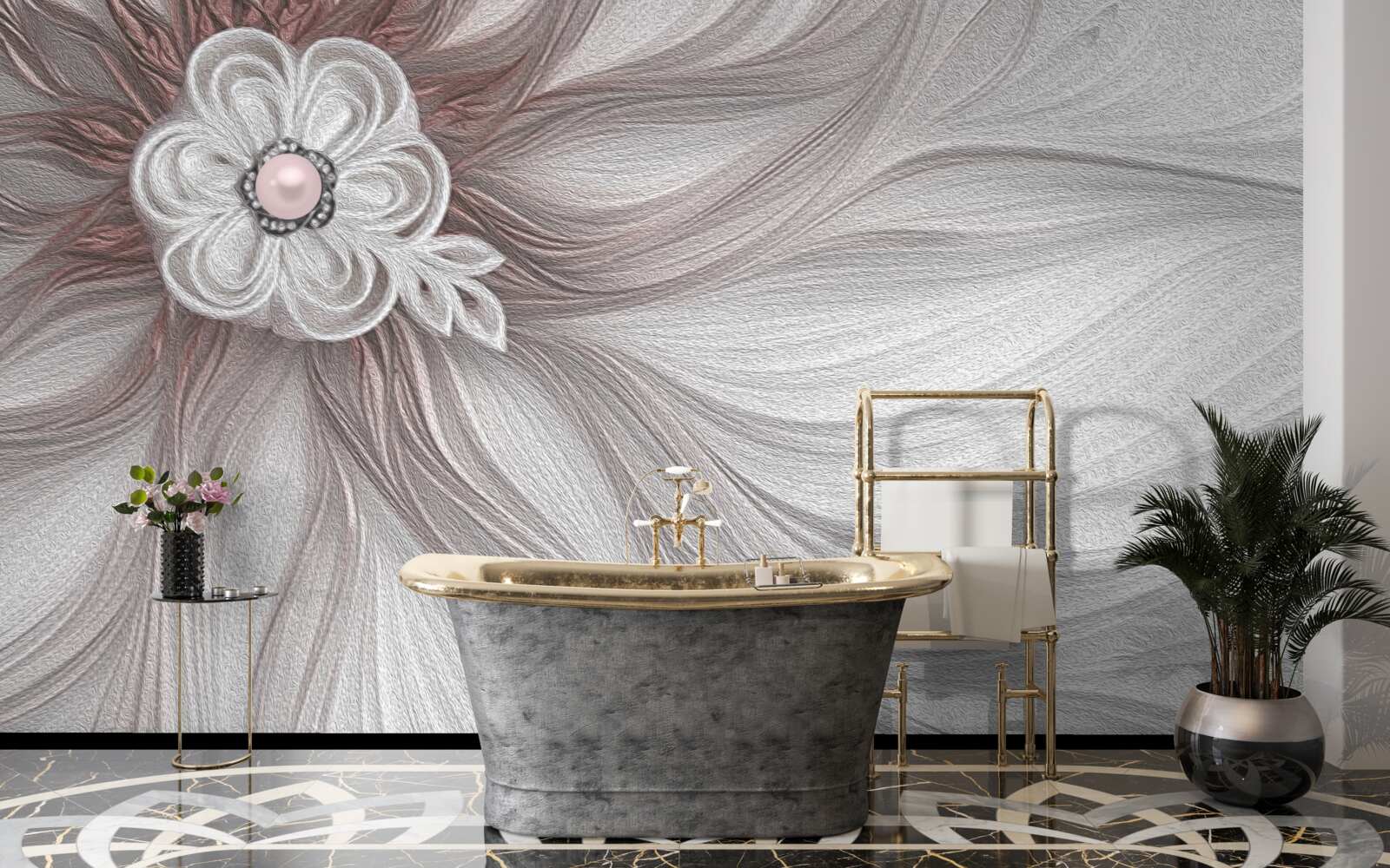 Fototapet Centrul florii albe este decorat cu perle