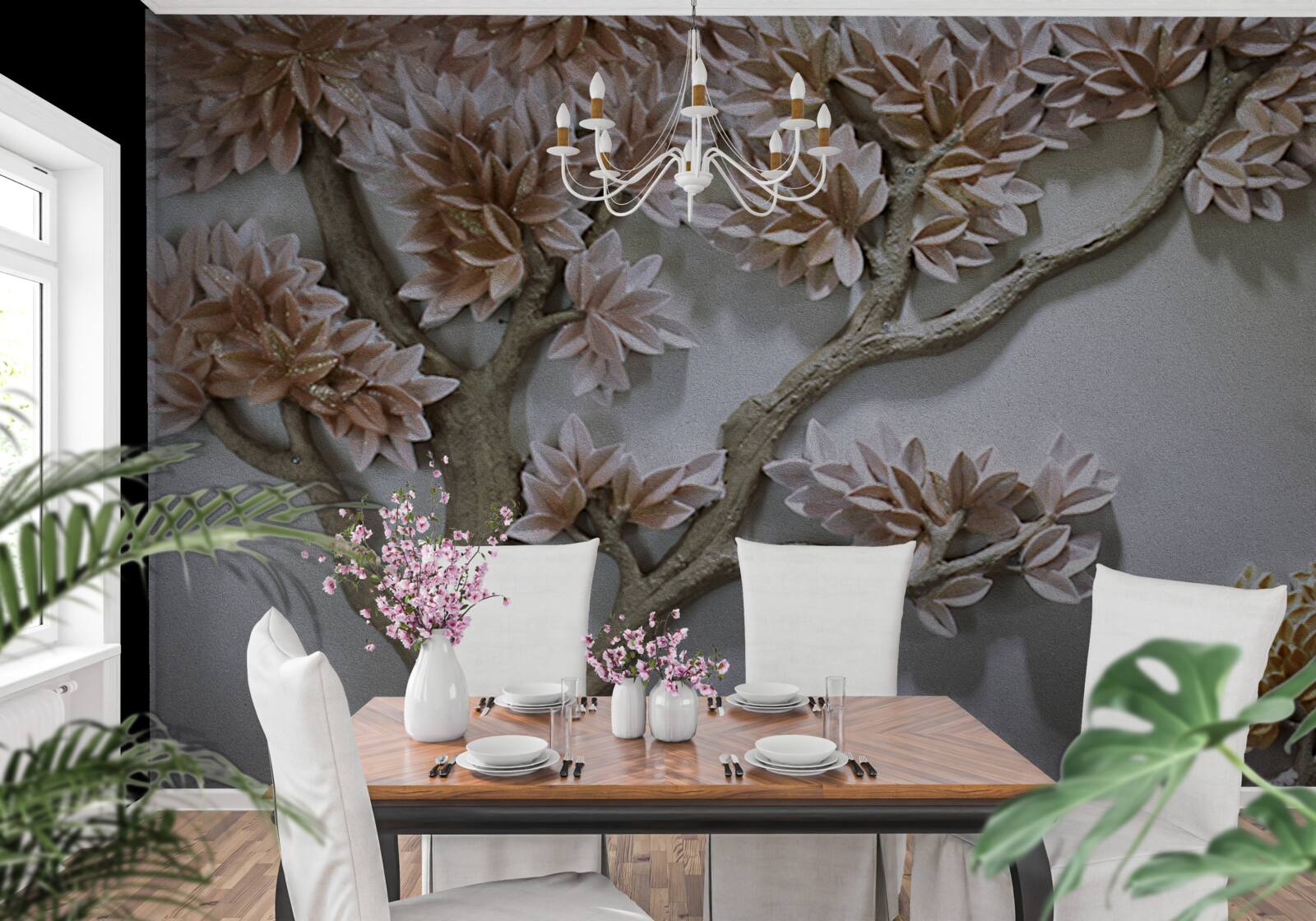 Fototapet copac maiestuos cu frunze și păsări