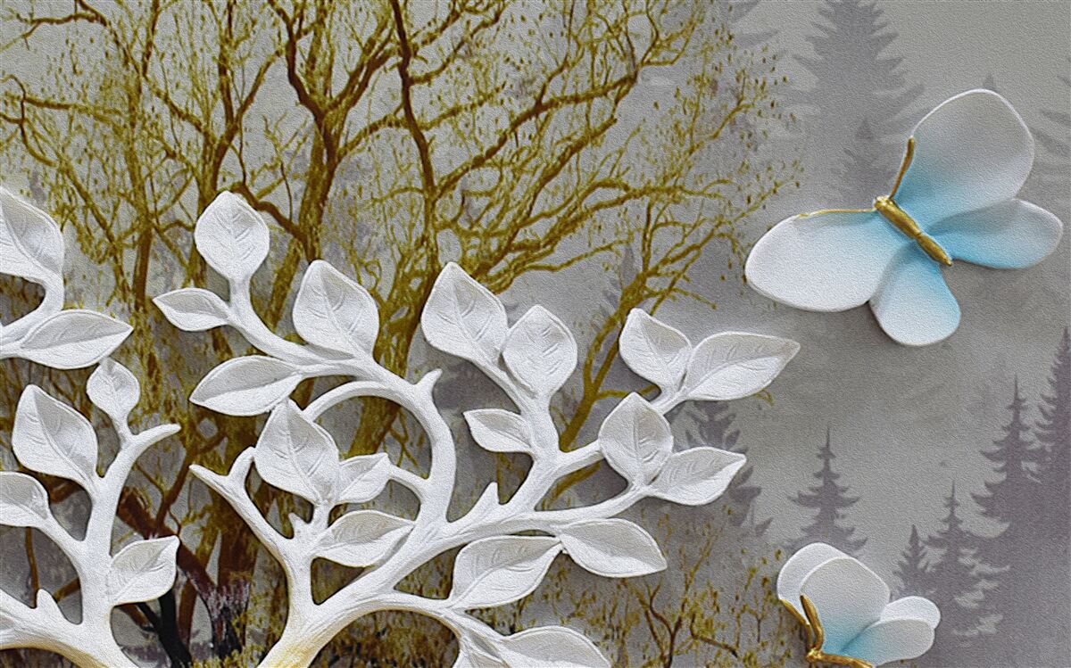 Fototapet un fluture stă pe o ramură albă în pădure