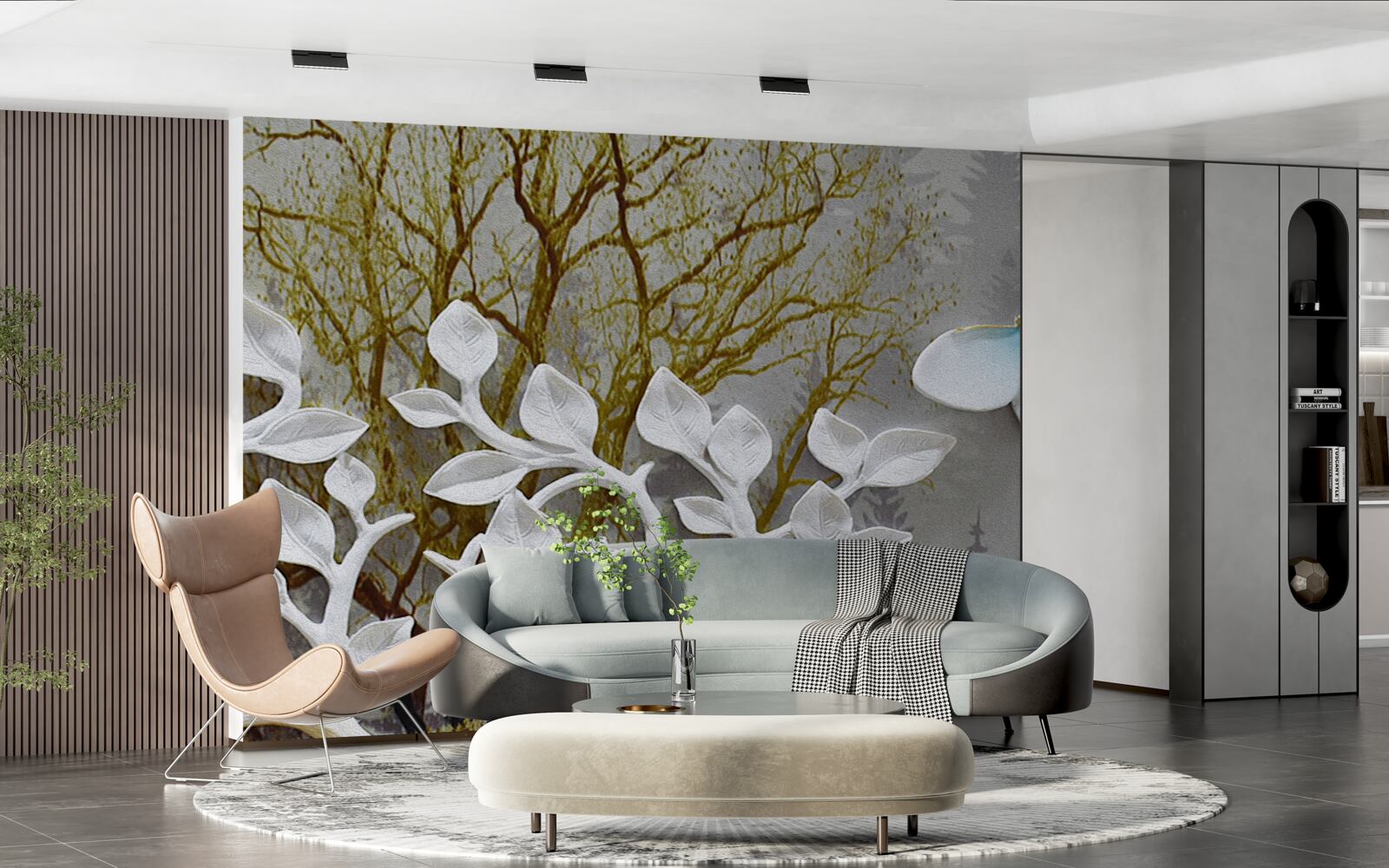 Fototapet un fluture stă pe o ramură albă în pădure