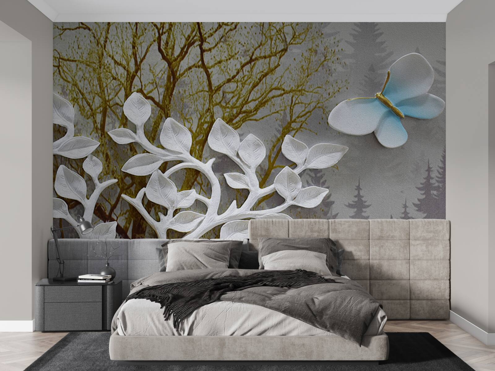 Fototapet un fluture stă pe o ramură albă în pădure