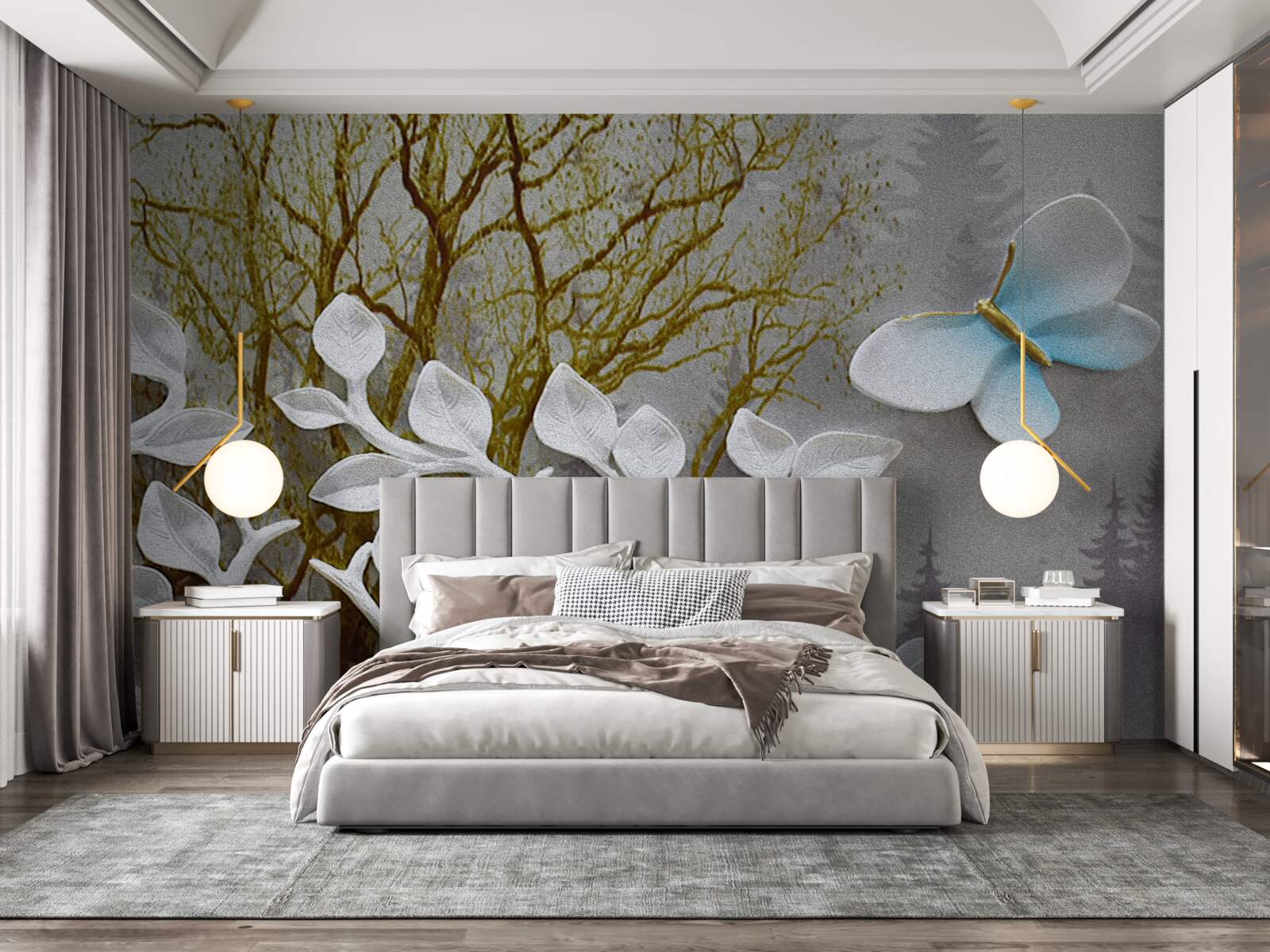 Fototapet un fluture stă pe o ramură albă în pădure