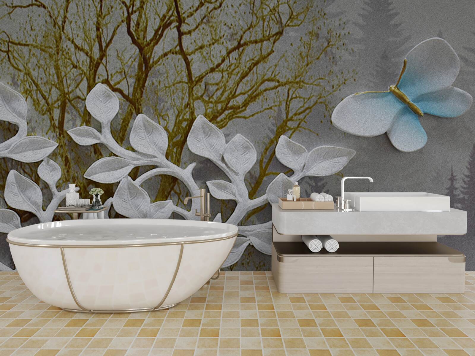 Fototapet un fluture stă pe o ramură albă în pădure