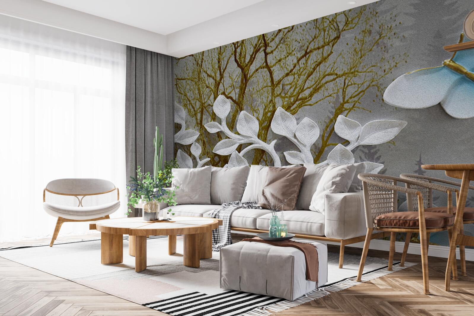 Fototapet un fluture stă pe o ramură albă în pădure