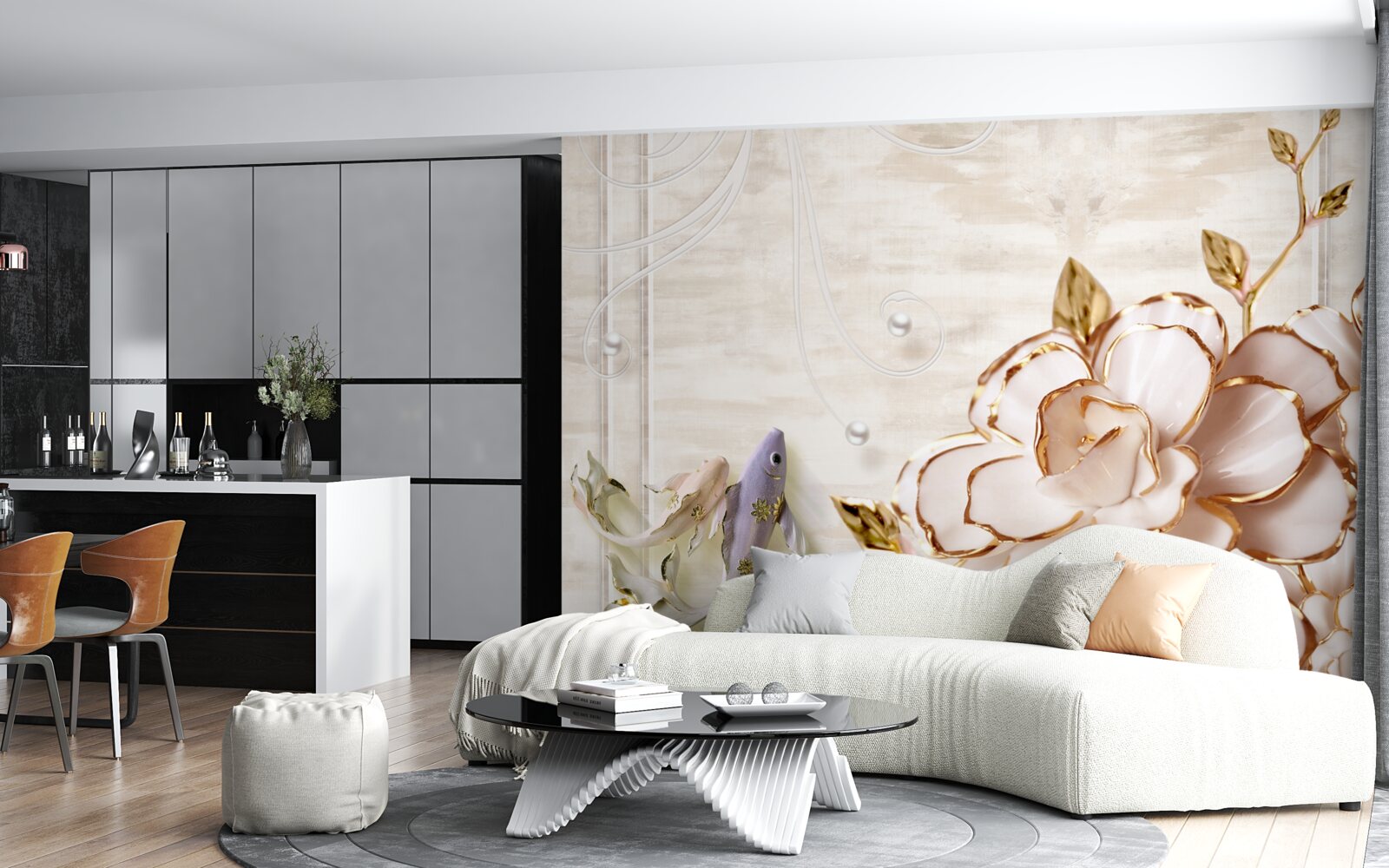 Fototapet fluturi și flori din porțelan