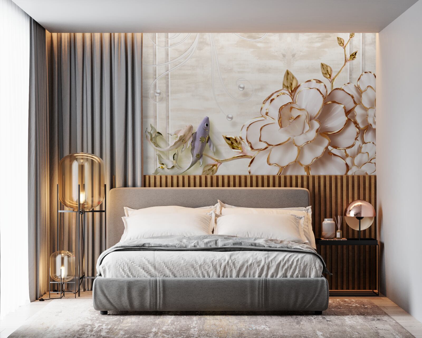 Fototapet fluturi și flori din porțelan