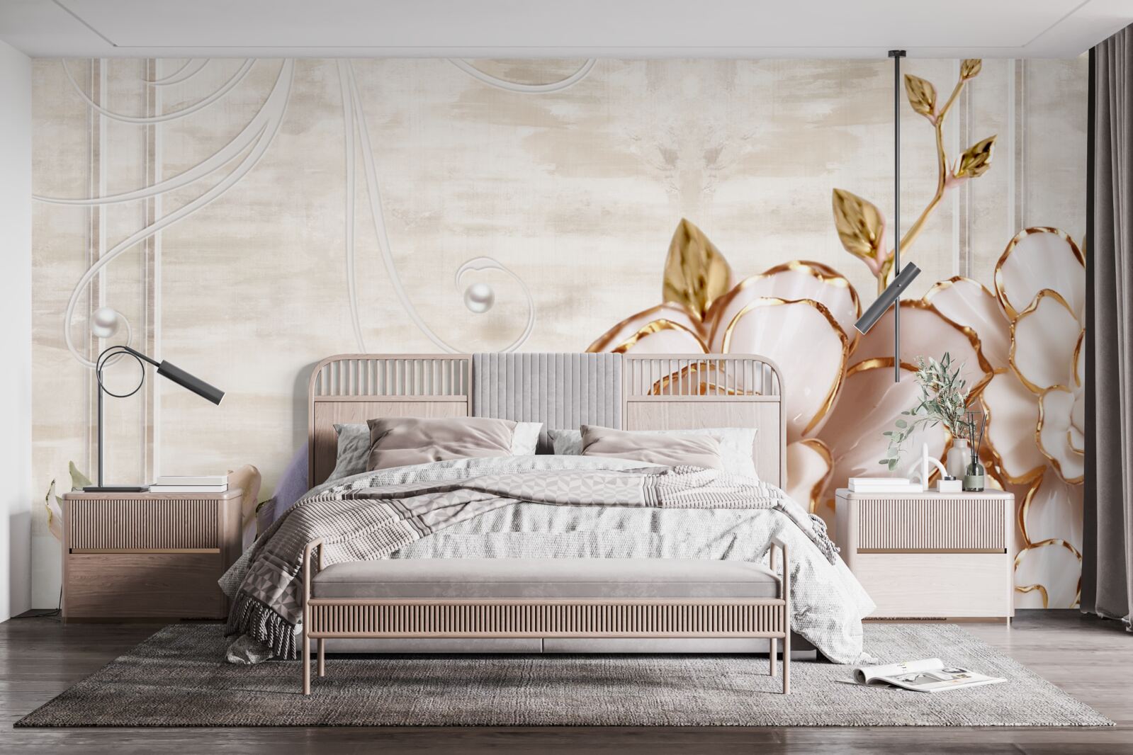 Fototapet fluturi și flori din porțelan