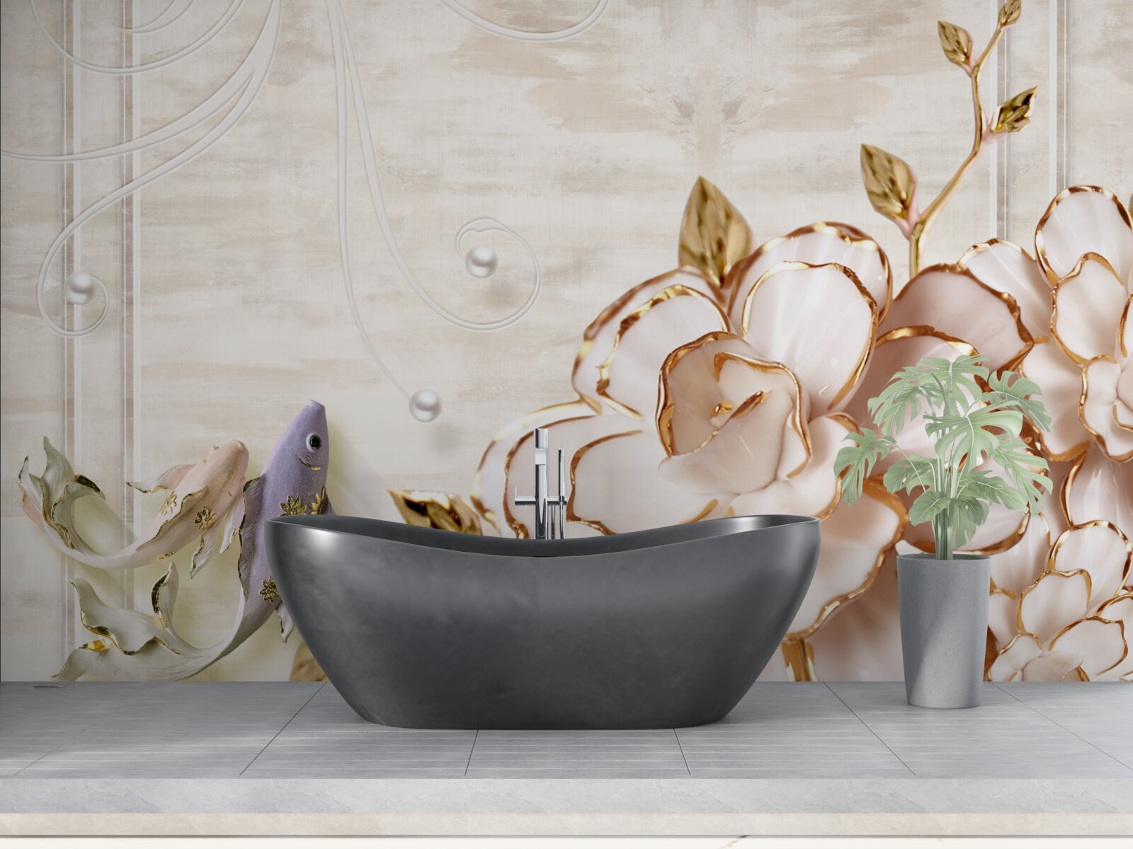 Fototapet fluturi și flori din porțelan