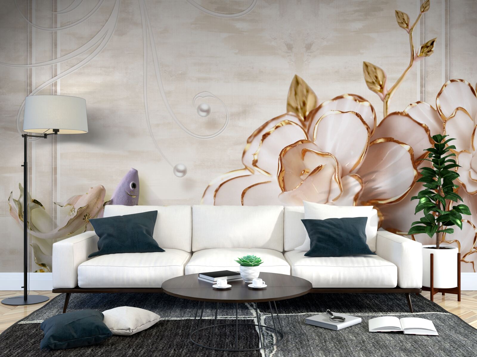 Fototapet fluturi și flori din porțelan