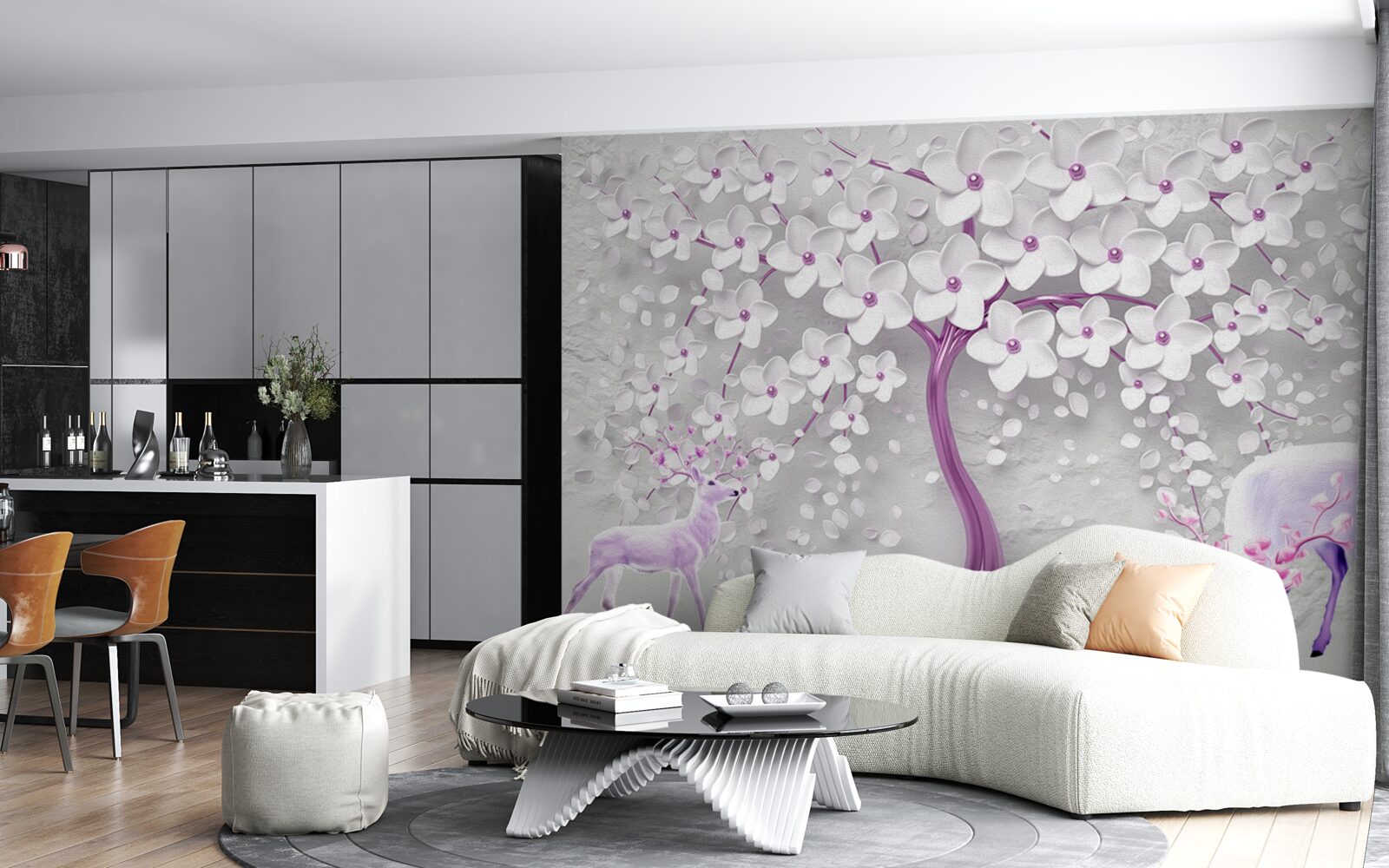 Fototapet copac cu flori albe ca zăpada și căprioară