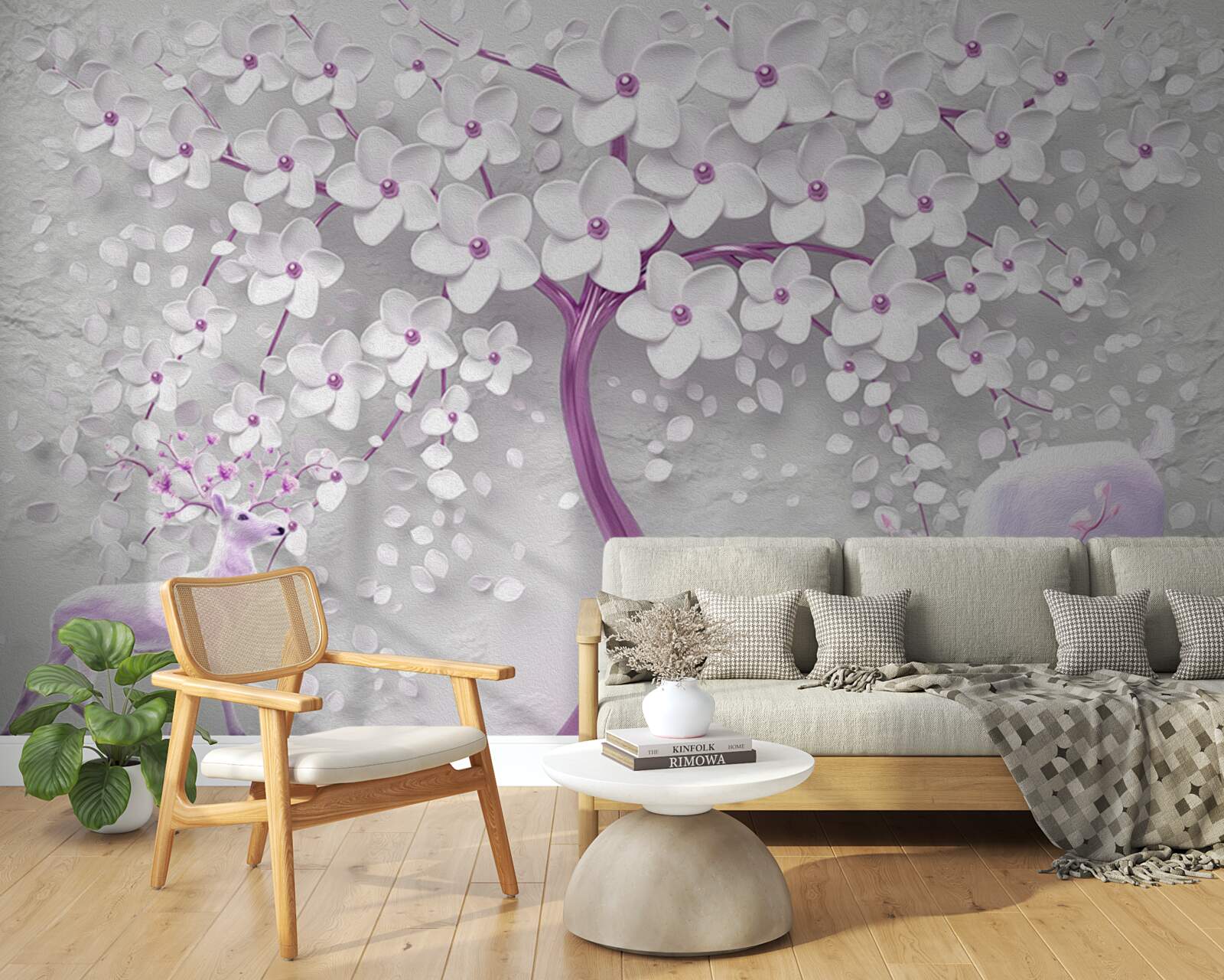 Fototapet copac cu flori albe ca zăpada și căprioară