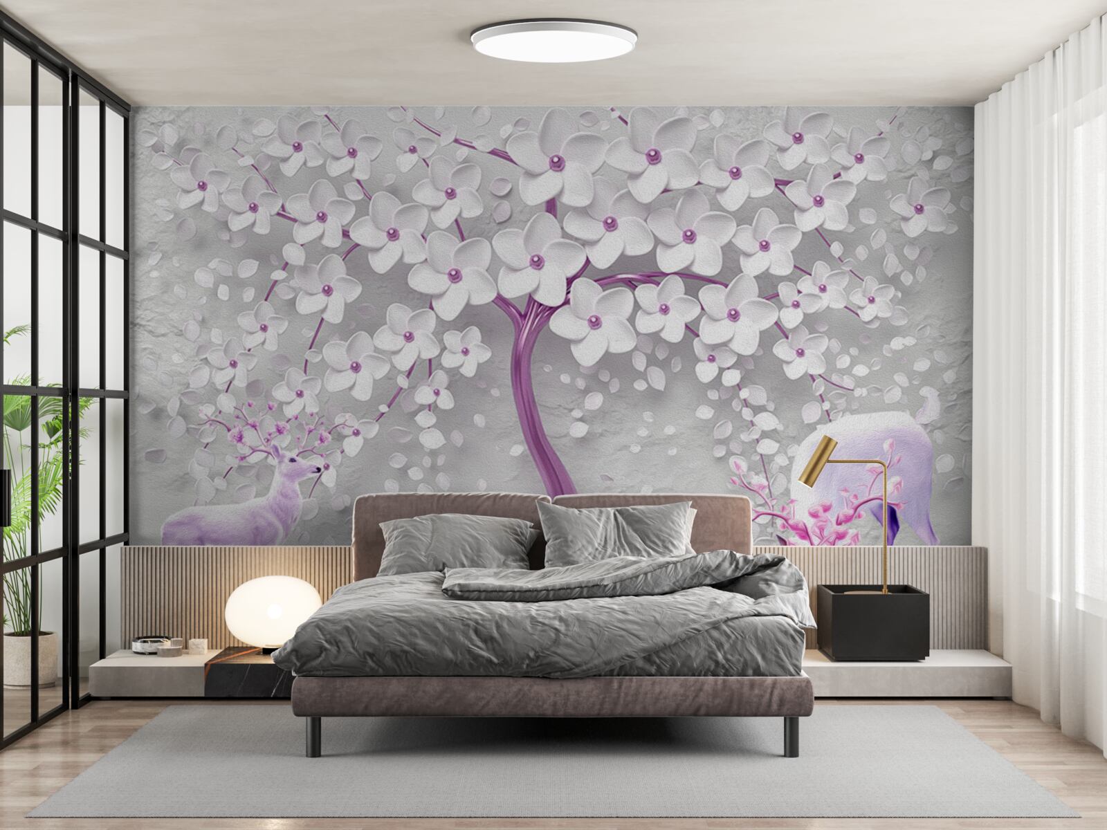 Fototapet copac cu flori albe ca zăpada și căprioară