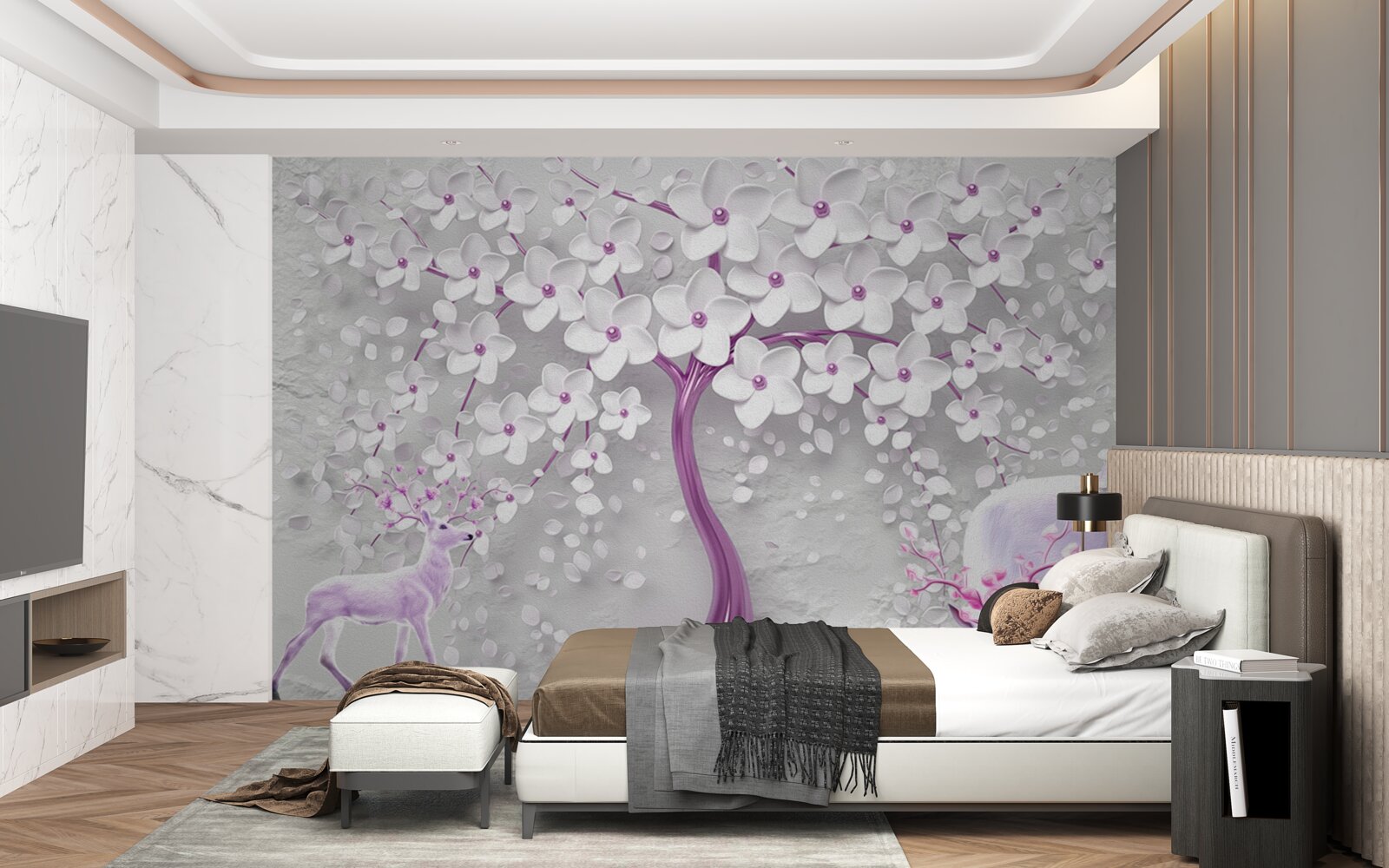 Fototapet copac cu flori albe ca zăpada și căprioară