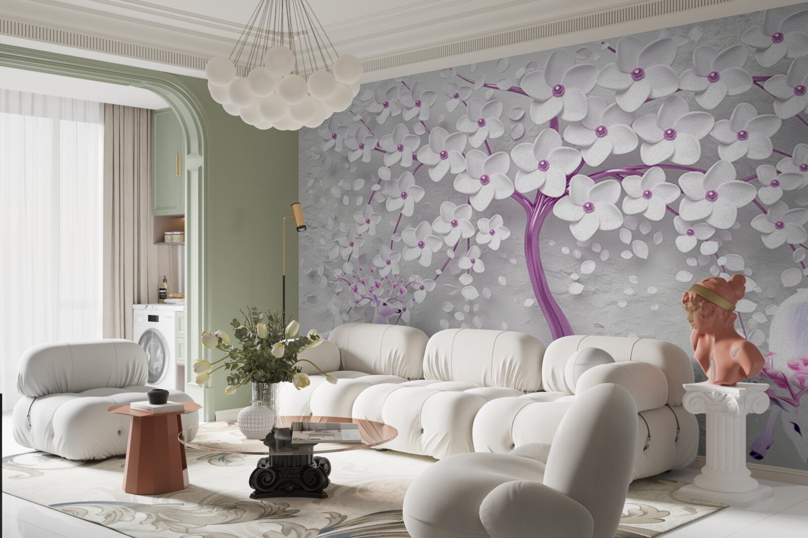 Fototapet copac cu flori albe ca zăpada și căprioară