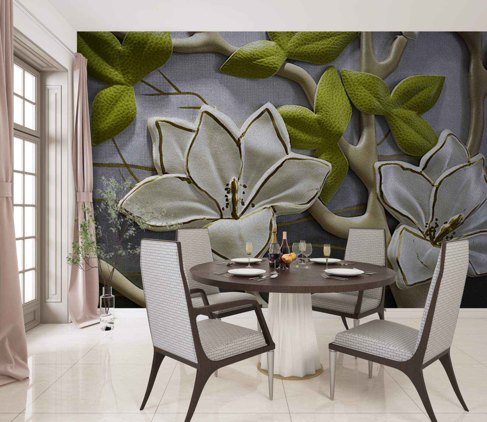 Fototapet magnolie cu flori de porțelan pe ramuri verzi