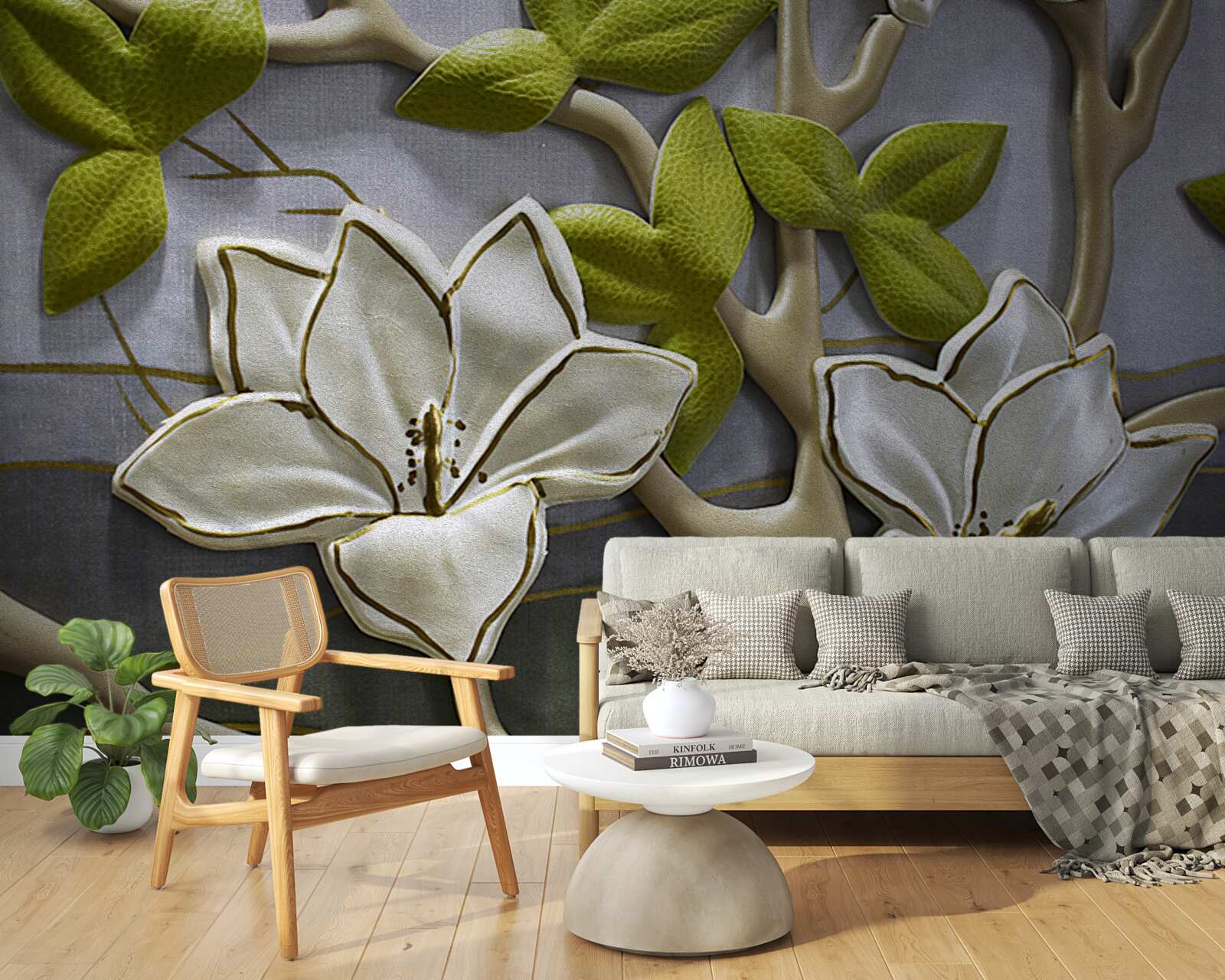 Fototapet magnolie cu flori de porțelan pe ramuri verzi