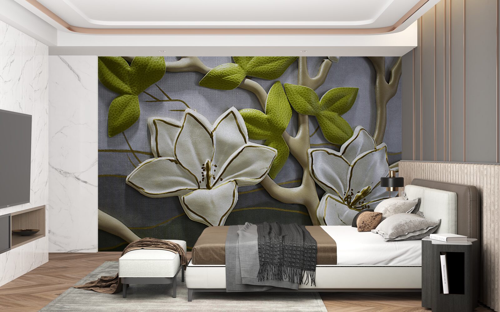 Fototapet magnolie cu flori de porțelan pe ramuri verzi