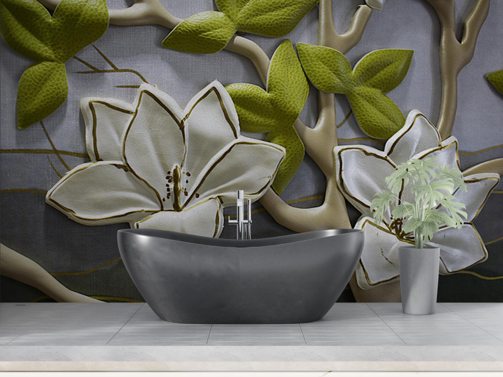 Fototapet magnolie cu flori de porțelan pe ramuri verzi