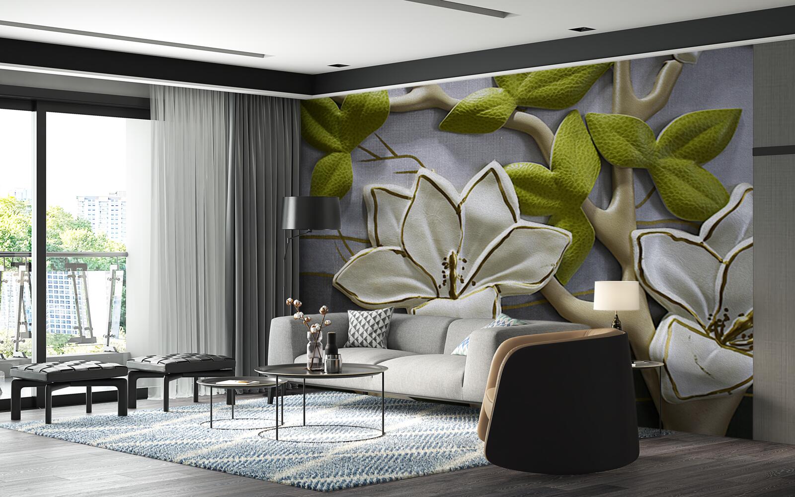 Fototapet magnolie cu flori de porțelan pe ramuri verzi