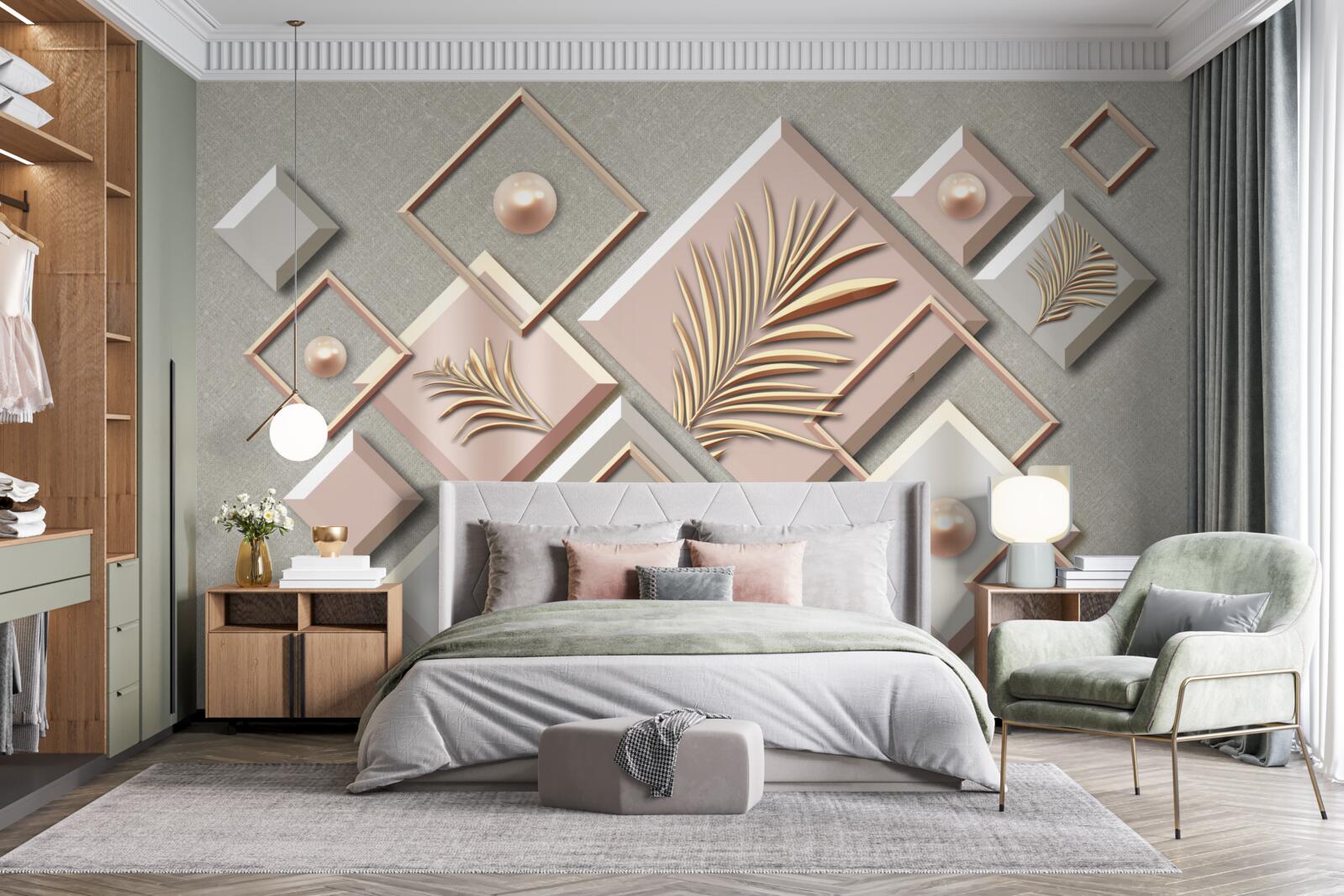 Fototapet abstract sub formă de dreptunghiuri cu frunze