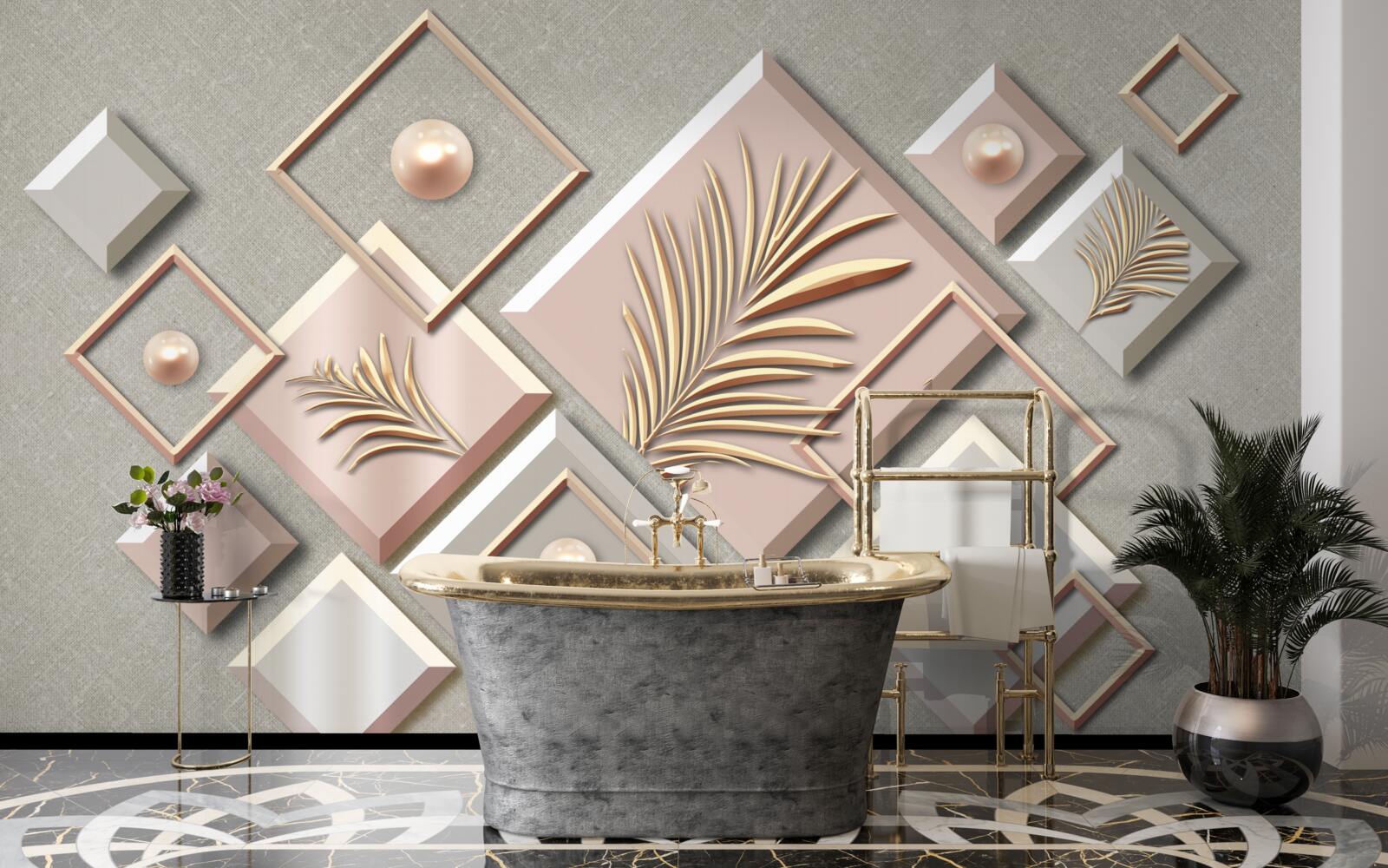 Fototapet abstract sub formă de dreptunghiuri cu frunze