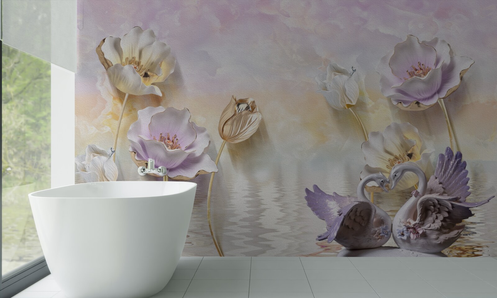 Fototapet reflexii de flori delicate în apă