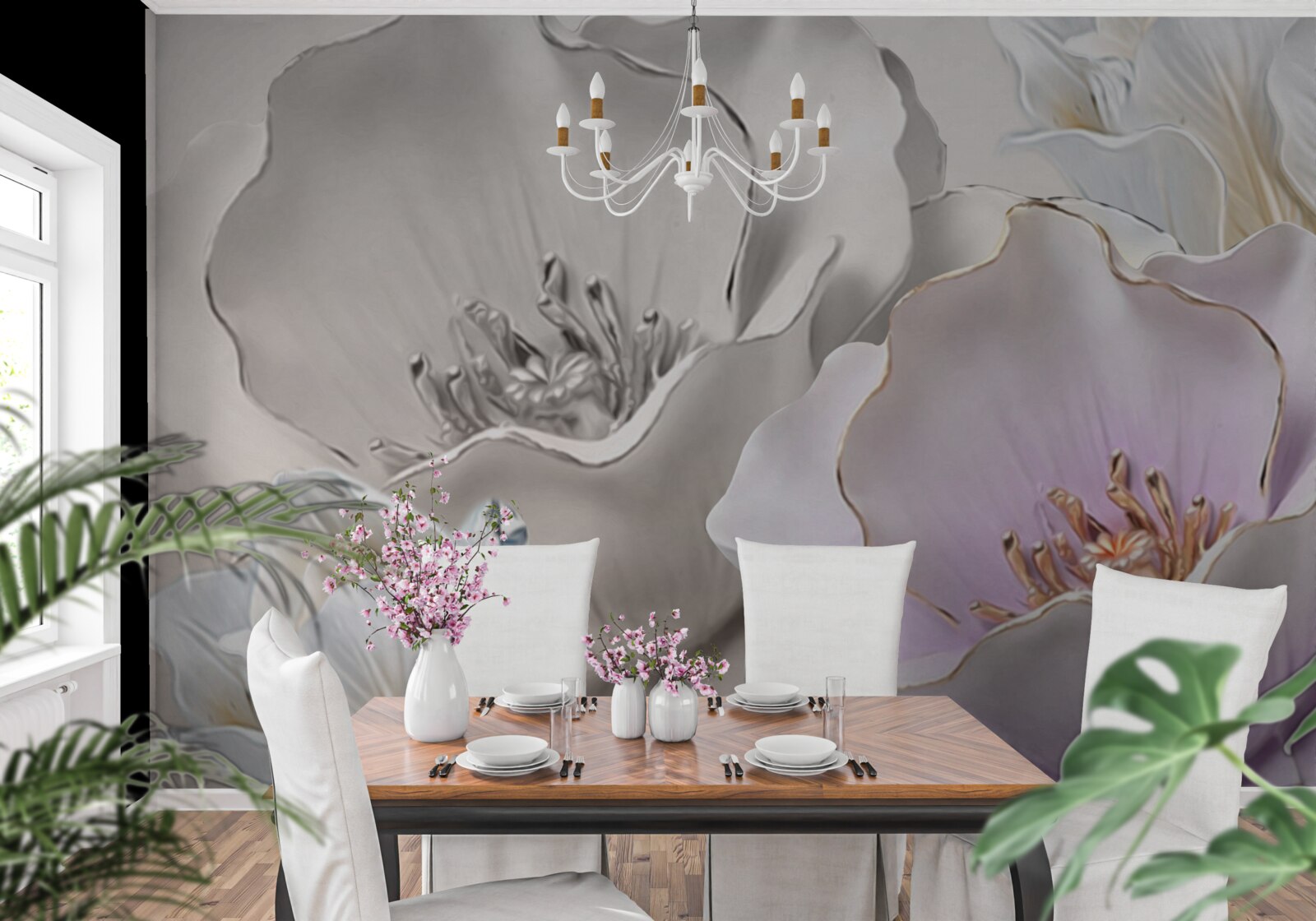 Fototapet flori grațioase și albe ca porțelanul