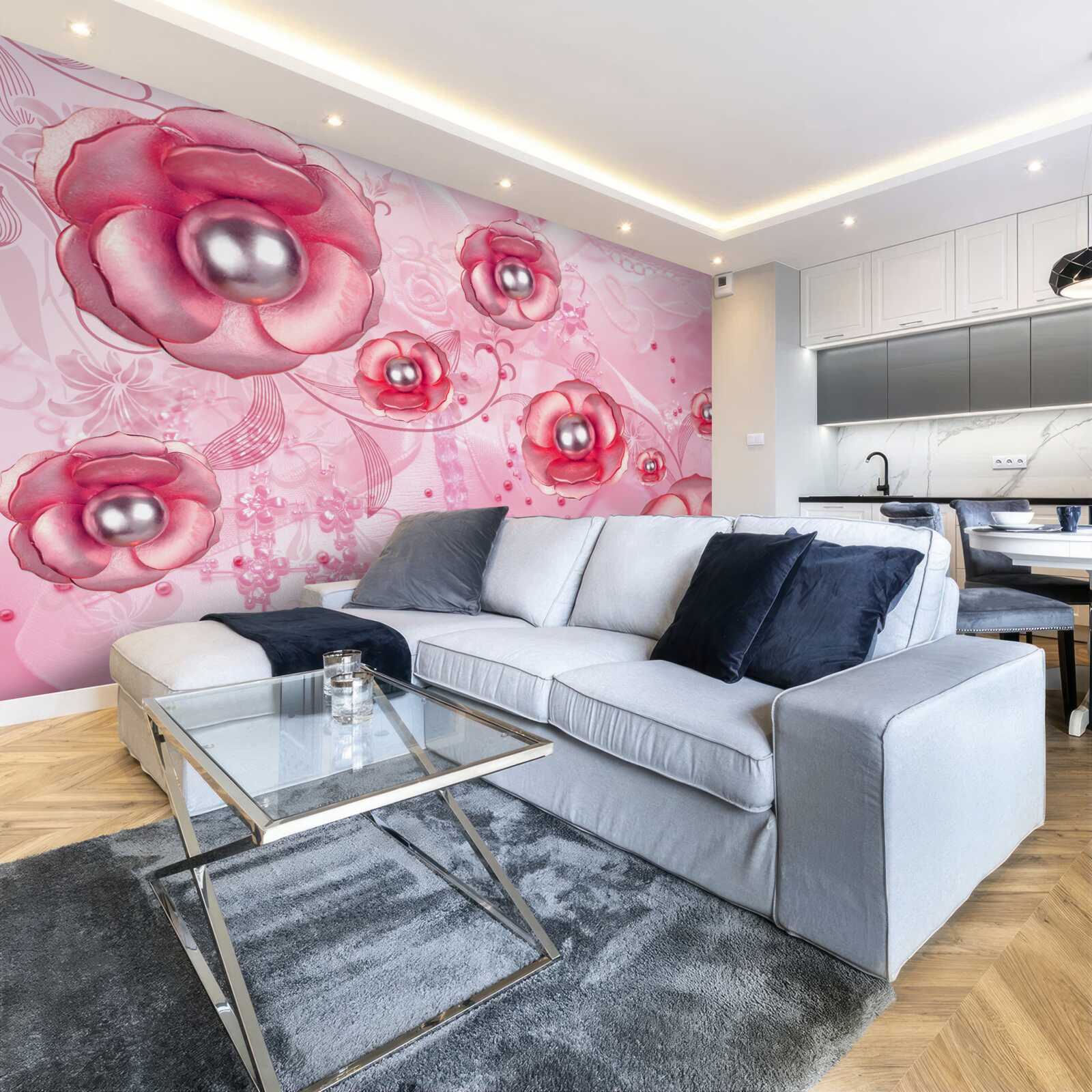 Fototapet muguri subtili roșii cu o inimă plină de perle