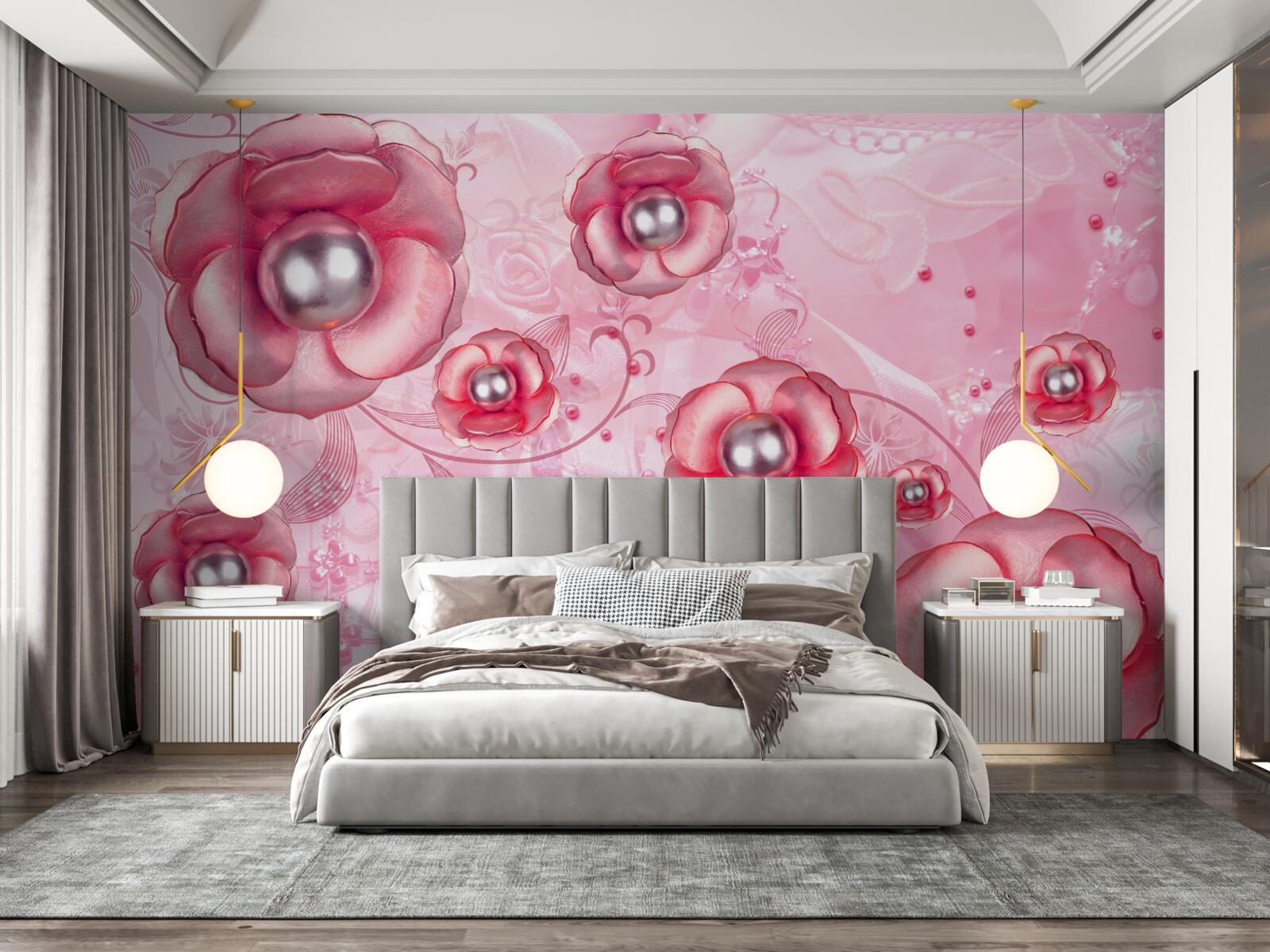 Fototapet muguri subtili roșii cu o inimă plină de perle