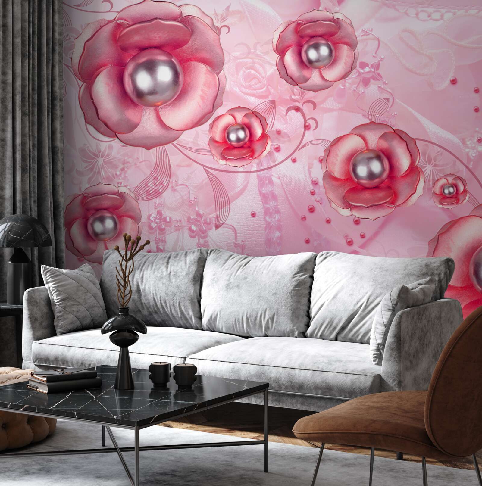 Fototapet muguri subtili roșii cu o inimă plină de perle